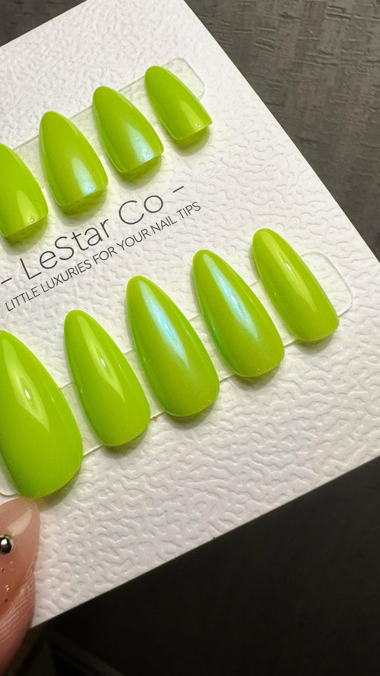 Reusable Zesty Lime Glitz Premium Press on Nails Gel Manicure Hand Painted Pressons Handmade | Lestarco faux nails TMR832