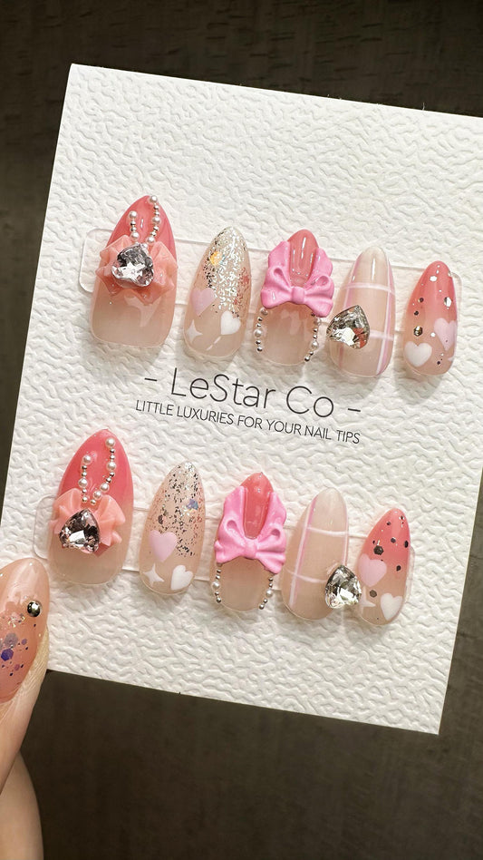 Reusable Pink Bow-tique | Premium Press on Nails Gel Hand Painted Pressons Customizable Gel Nail Artist faux nails ML840