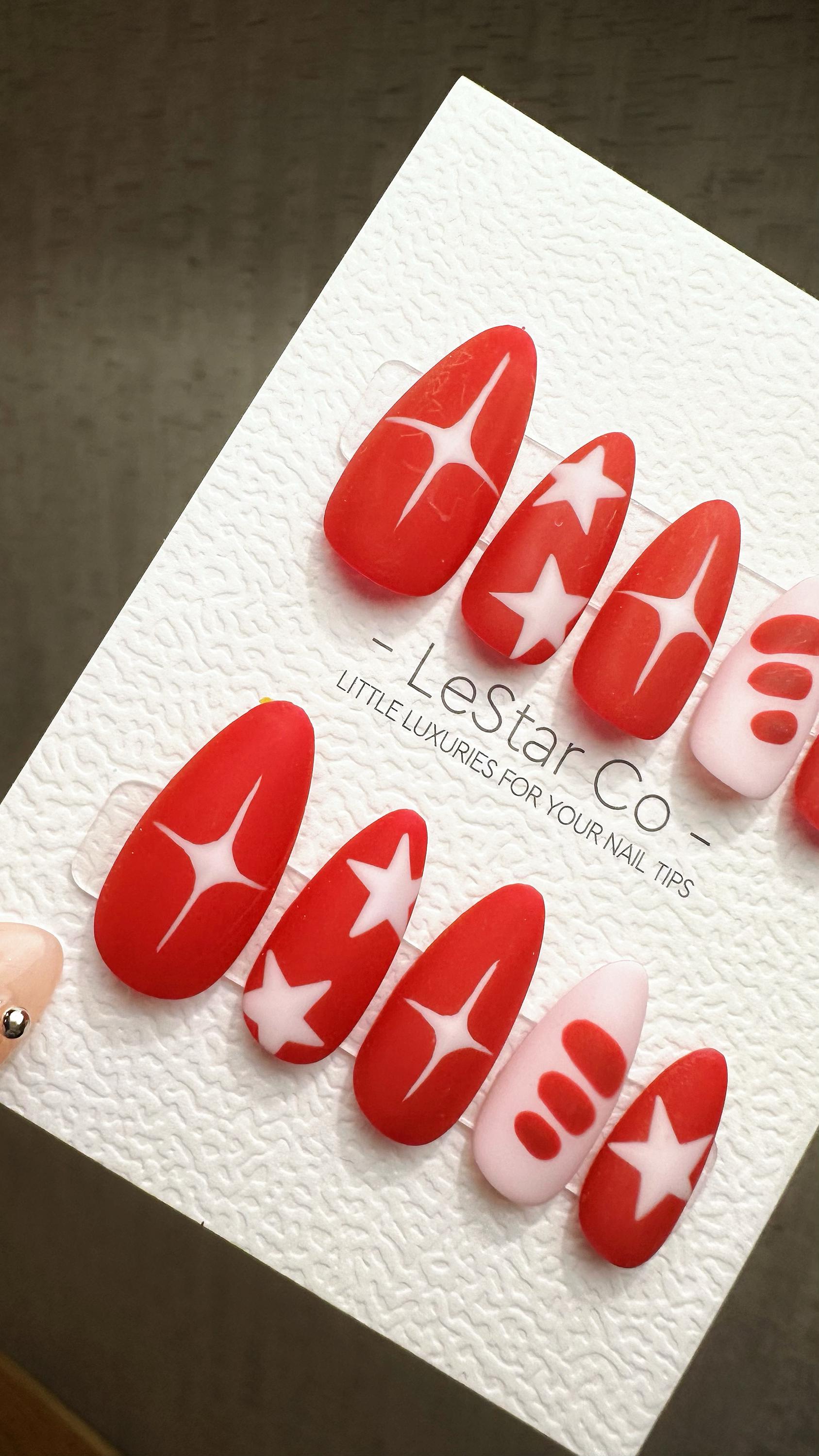 Reusable Stellar Scarlet Stripes| Premium Press on Nails Gel | Fake Nails | Cute Fun Colorful Gel Nail Artist ML843