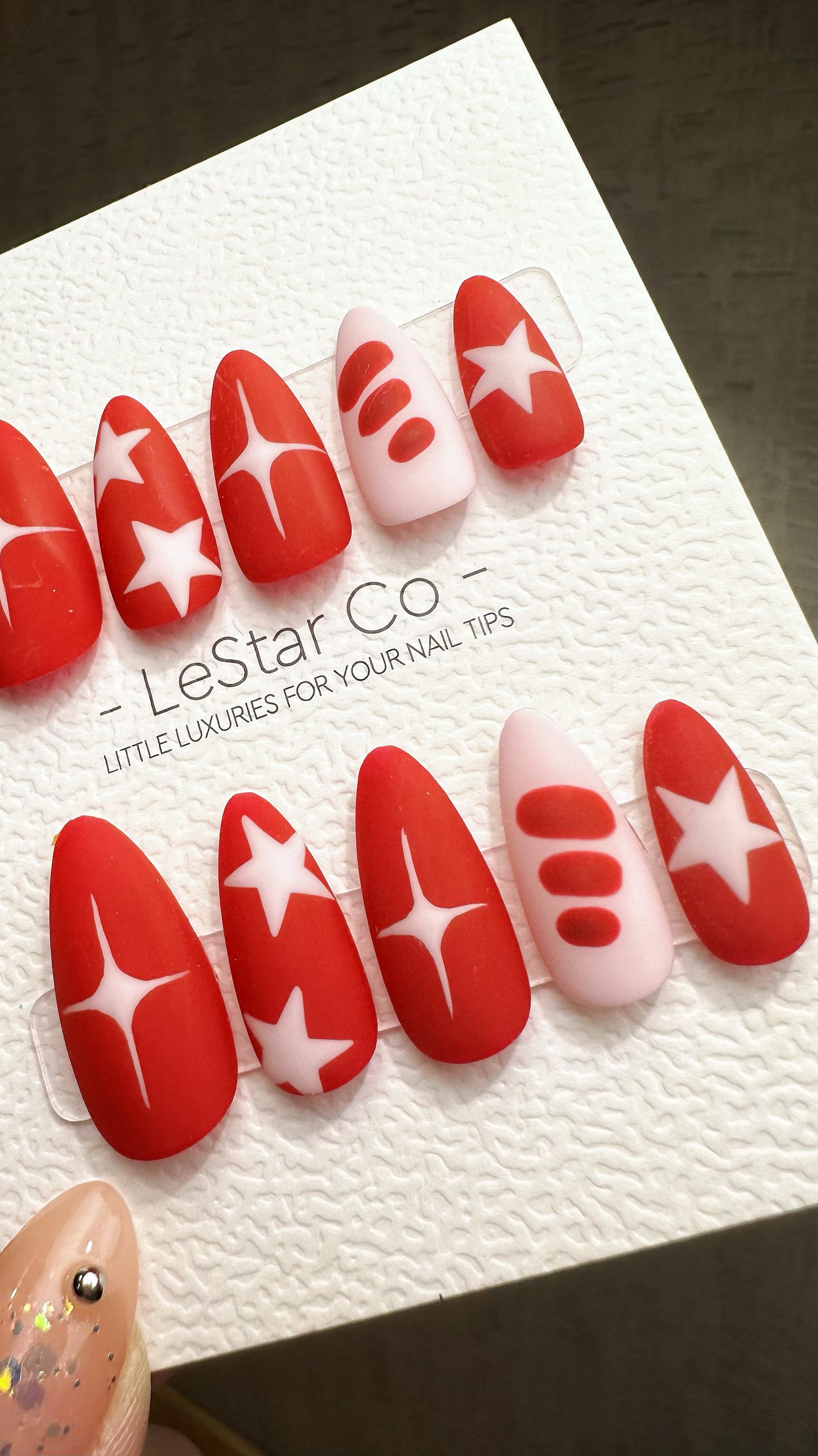 Reusable Stellar Scarlet Stripes| Premium Press on Nails Gel | Fake Nails | Cute Fun Colorful Gel Nail Artist ML843