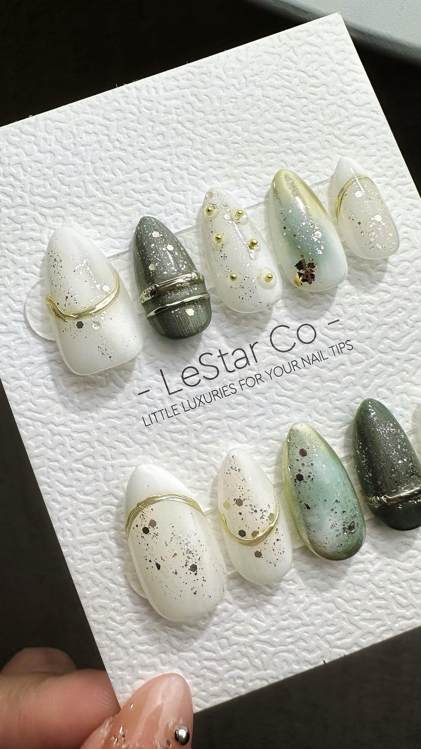 Reusable Frosted Emerald Elegance| Premium Press on Nails Gel | Fake Nails | Cute Fun Colorful Gel Nail Artist QN846