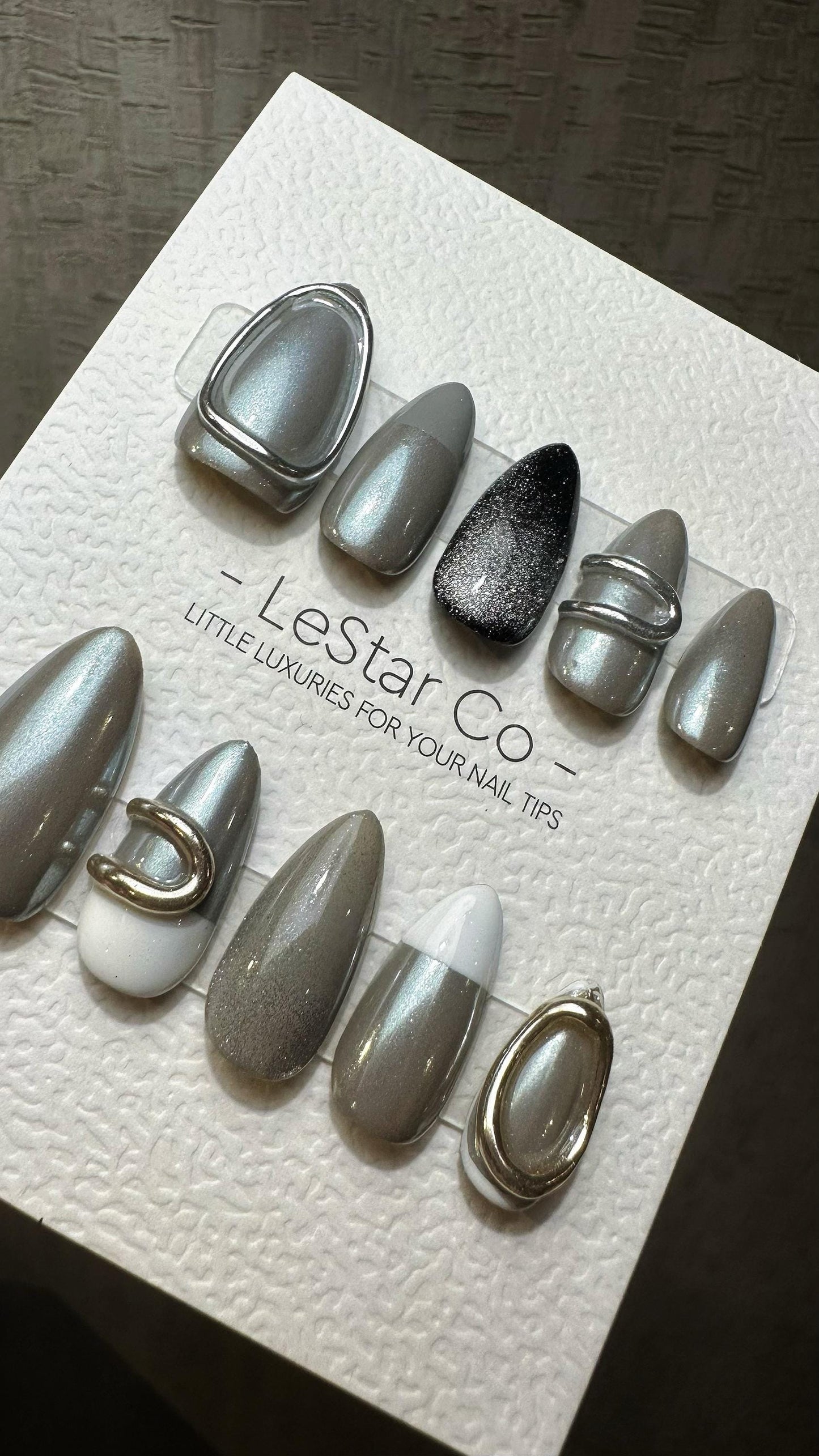 Reusable 3D Moonlit Charcoal Metallic Grey | Premium Press on Nails Gel | Fake Nails | Cute Fun Colorful Gel Nail Artist faux nails TMR827