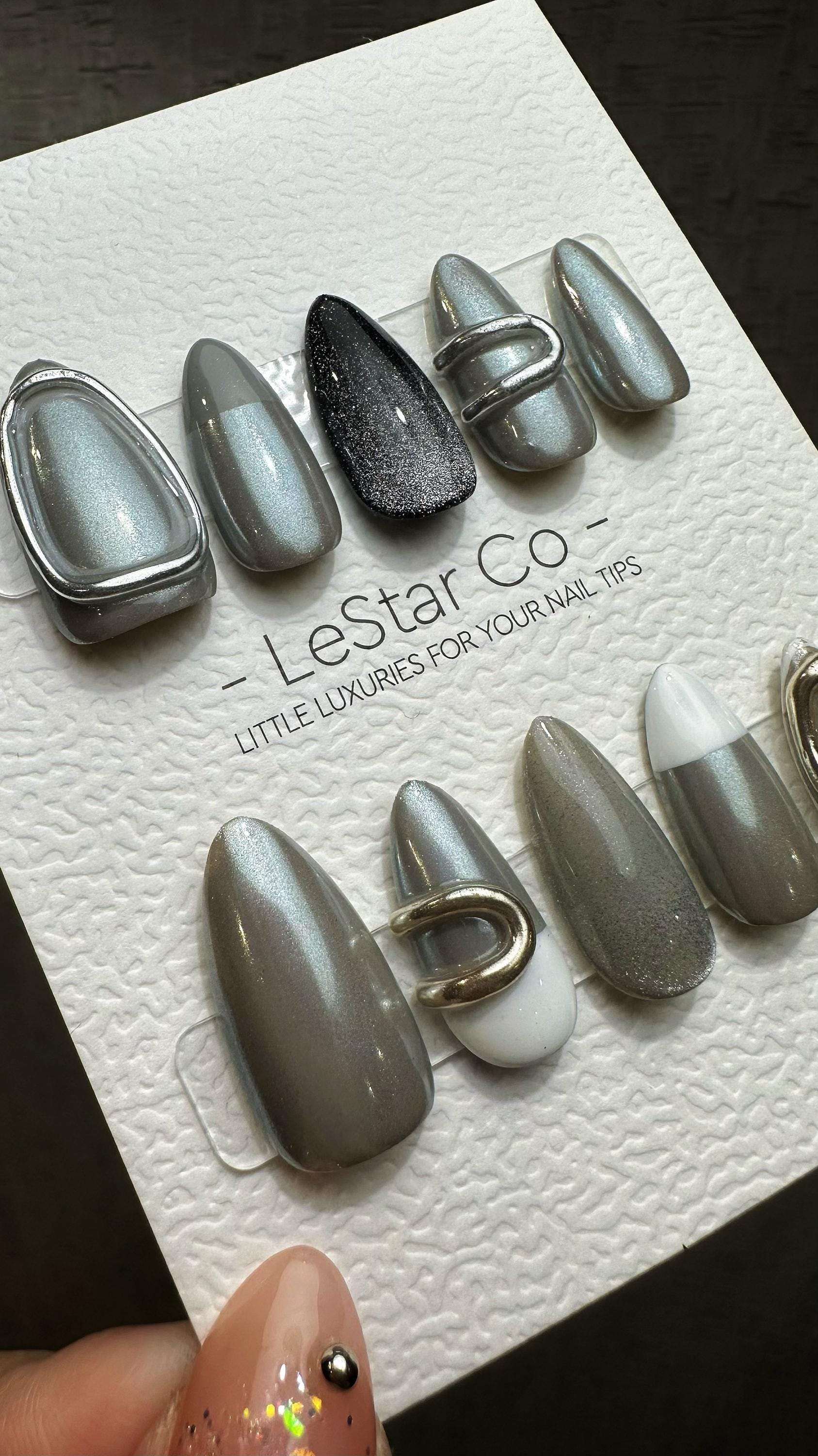 Reusable 3D Moonlit Charcoal Metallic Grey | Premium Press on Nails Gel | Fake Nails | Cute Fun Colorful Gel Nail Artist faux nails TMR827