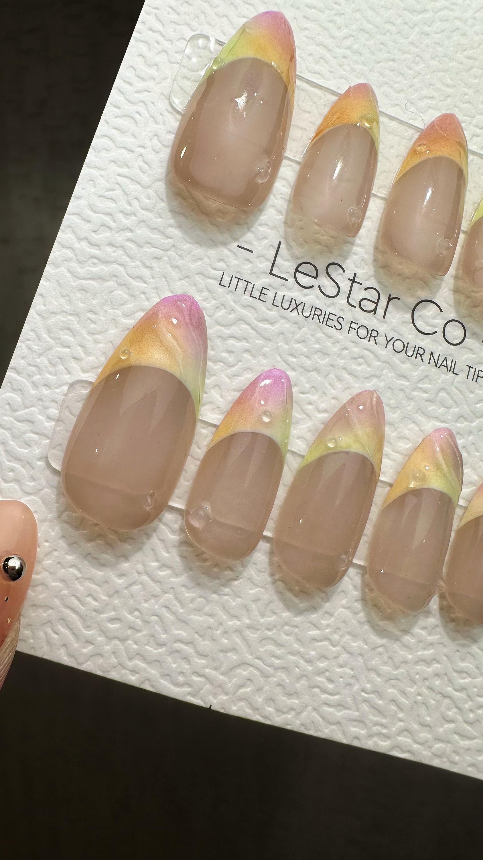 Reusable Iridescent Dawn 3D French Tip Water Drop| Premium Press on Nails Gel | Fake Nails | Cute Fun Colorful Gel Nail Artist TMR830