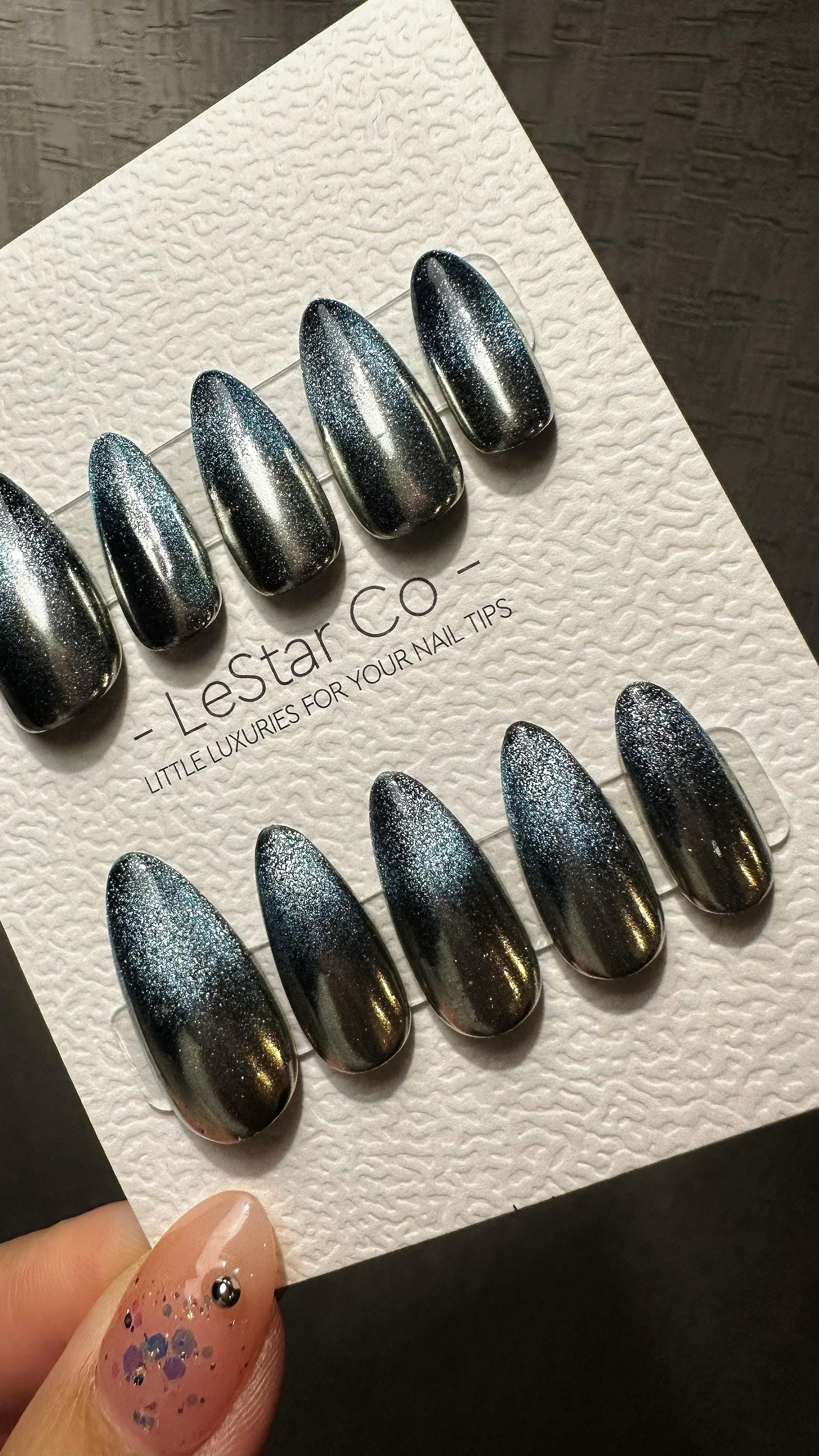 Reusable Meteor Shower Mist Cat Eye Effect |Premium Presson Nails Gel Manicure Hand Painted Pressons Handmade | Lestarco faux nails TMR829