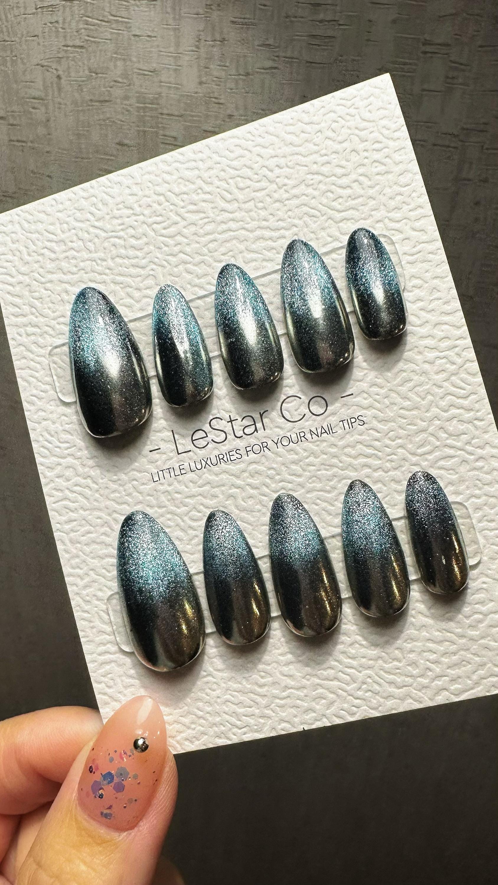 Reusable Meteor Shower Mist Cat Eye Effect |Premium Presson Nails Gel Manicure Hand Painted Pressons Handmade | Lestarco faux nails TMR829