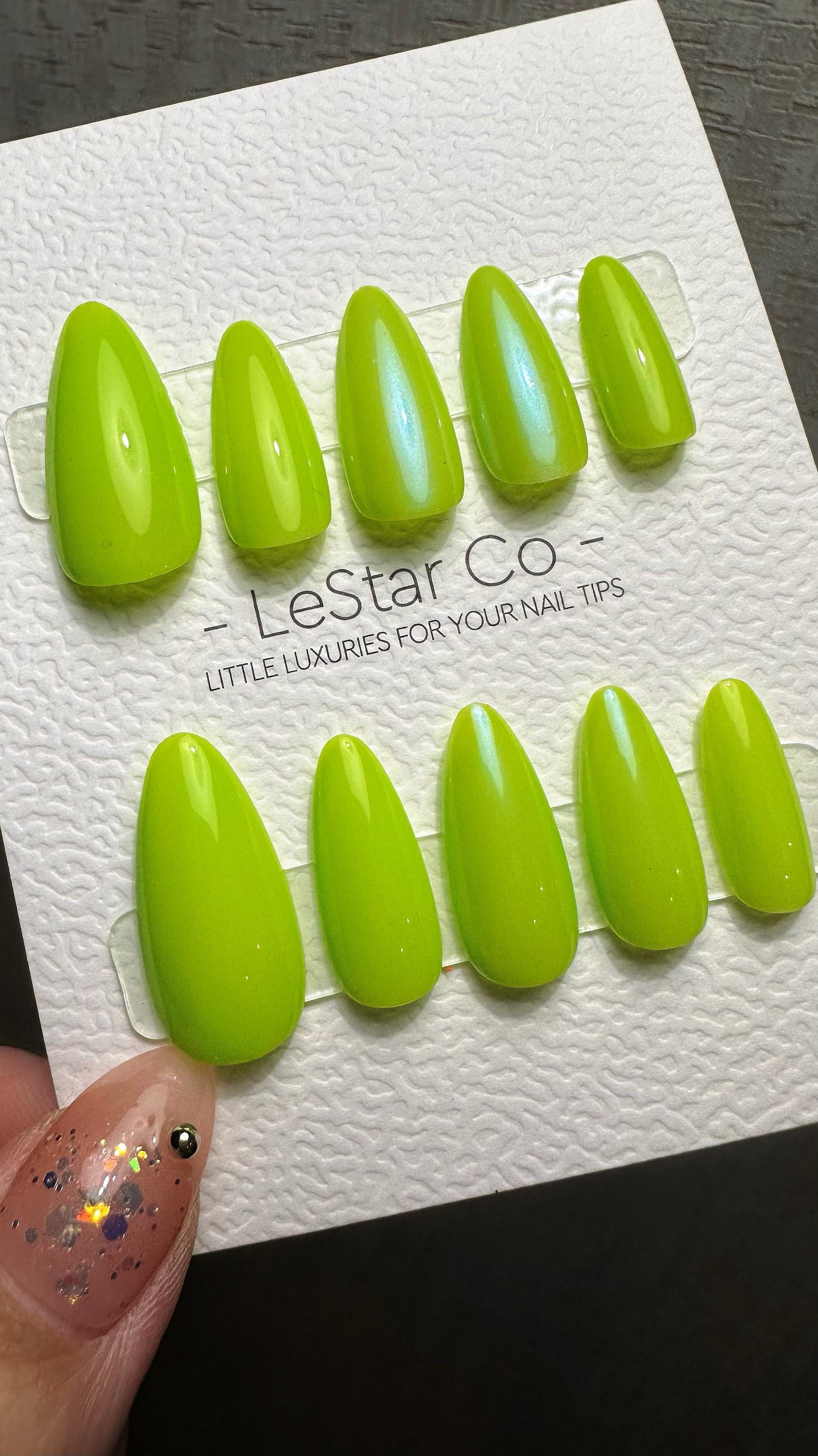 Reusable Zesty Lime Glitz Premium Press on Nails Gel Manicure Hand Painted Pressons Handmade | Lestarco faux nails TMR832