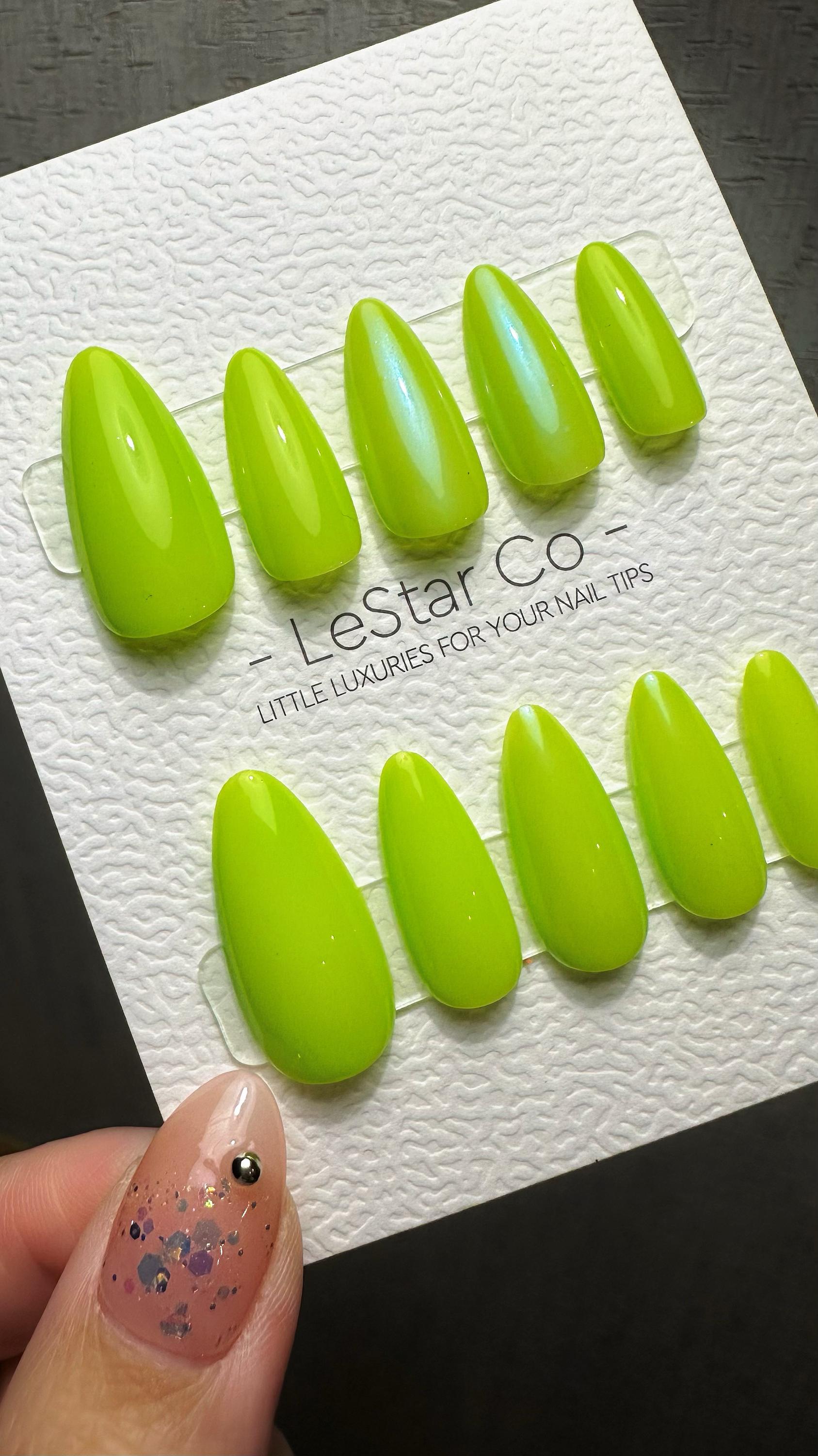 Reusable Zesty Lime Glitz Premium Press on Nails Gel Manicure Hand Painted Pressons Handmade | Lestarco faux nails TMR832