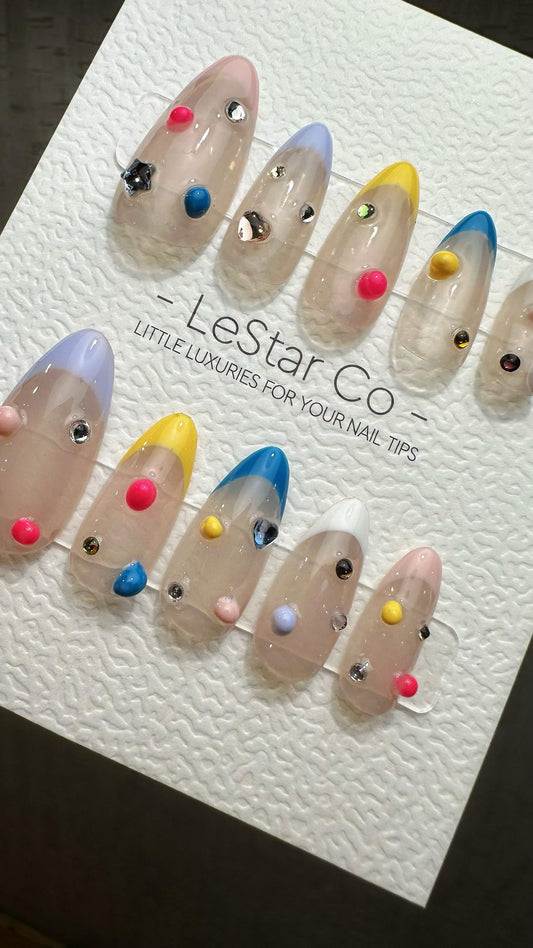 Reusable Clown's Confetti French Tip| Premium Press on Nails Gel | Fake Nails | Cute Fun Colorful Gel Nail Artist TMR833