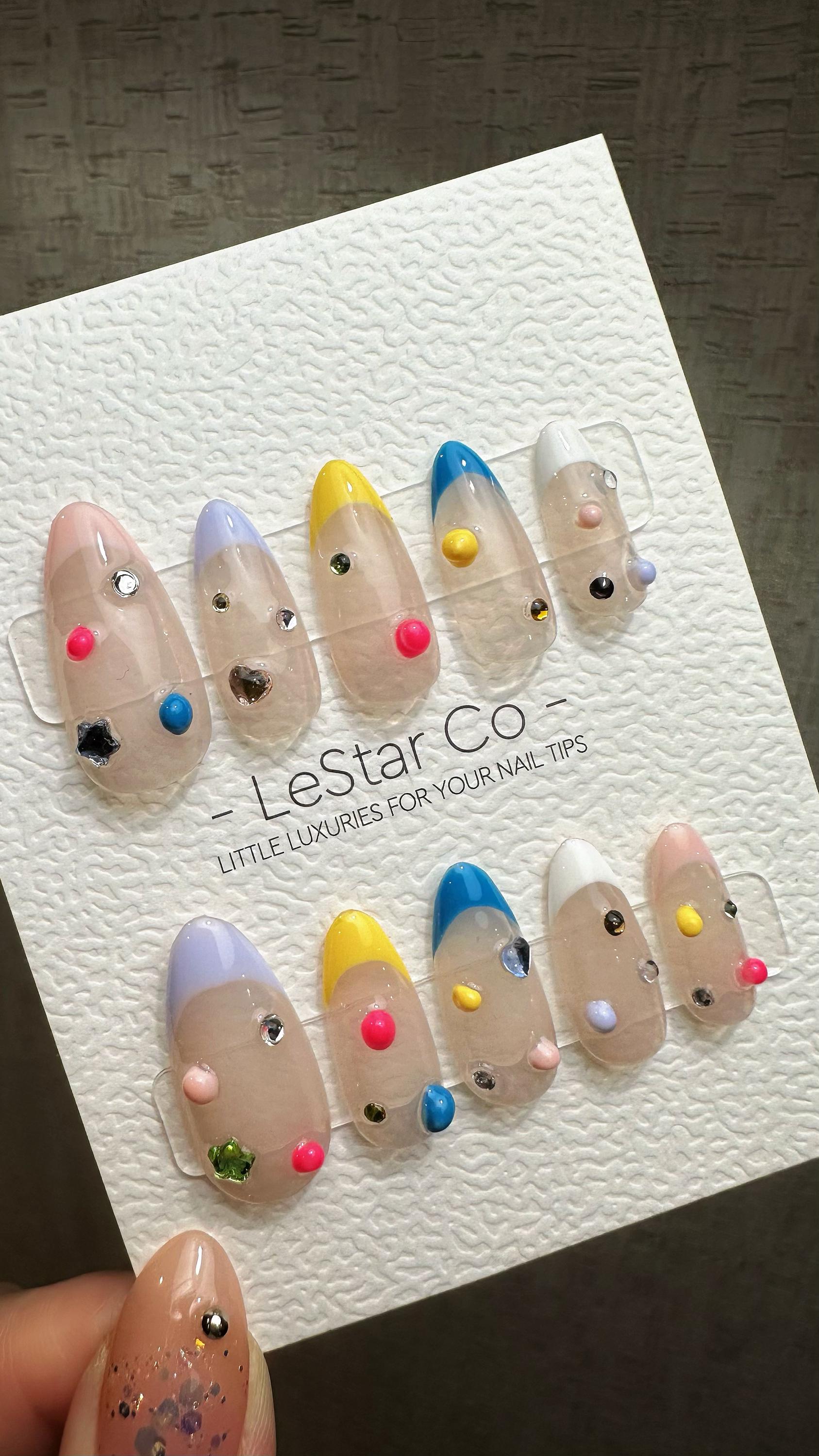 Reusable Clown's Confetti French Tip| Premium Press on Nails Gel | Fake Nails | Cute Fun Colorful Gel Nail Artist TMR833