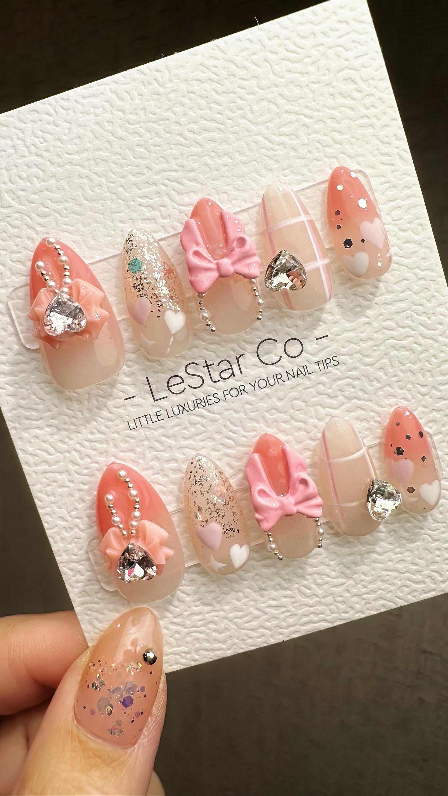 Reusable Pink Bow-tique | Premium Press on Nails Gel Hand Painted Pressons Customizable Gel Nail Artist faux nails ML840