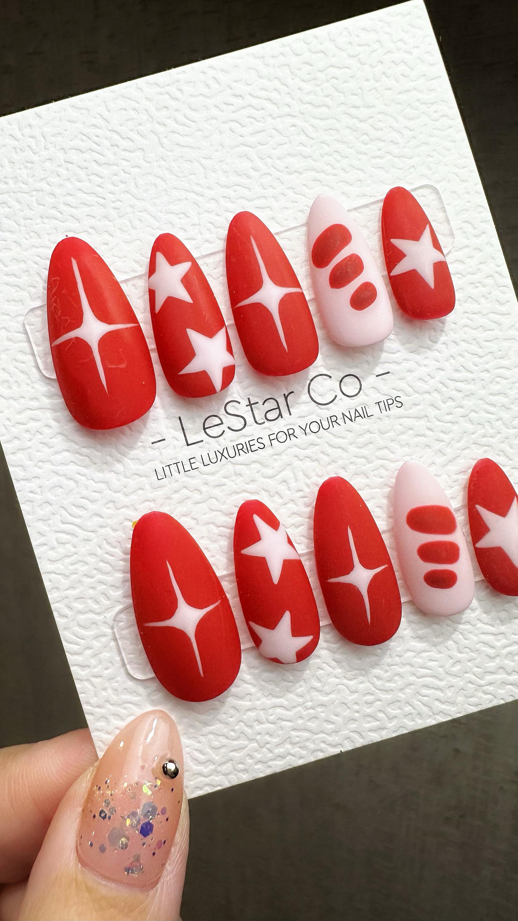 Reusable Stellar Scarlet Stripes| Premium Press on Nails Gel | Fake Nails | Cute Fun Colorful Gel Nail Artist ML843