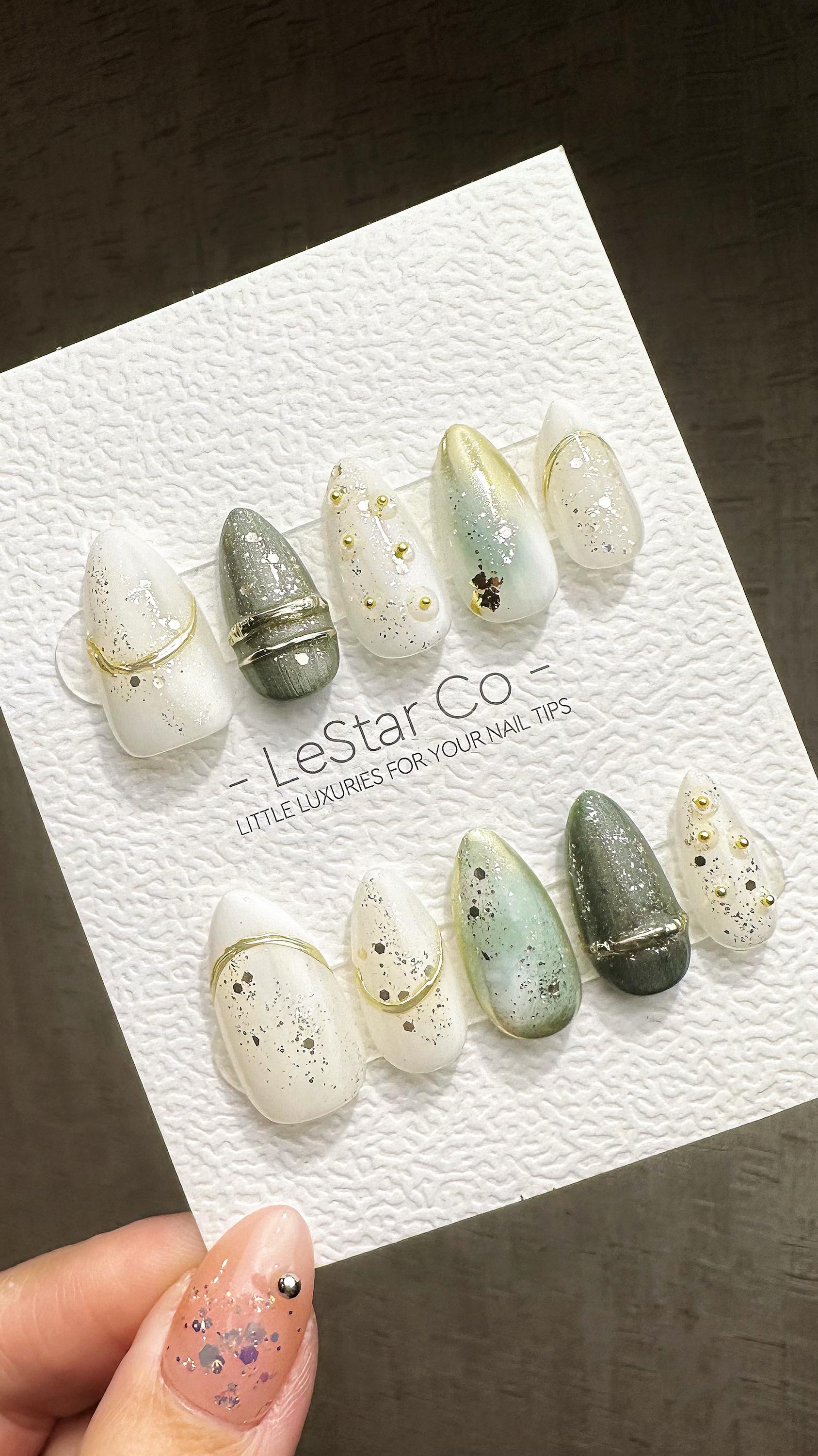 Reusable Frosted Emerald Elegance| Premium Press on Nails Gel | Fake Nails | Cute Fun Colorful Gel Nail Artist QN846