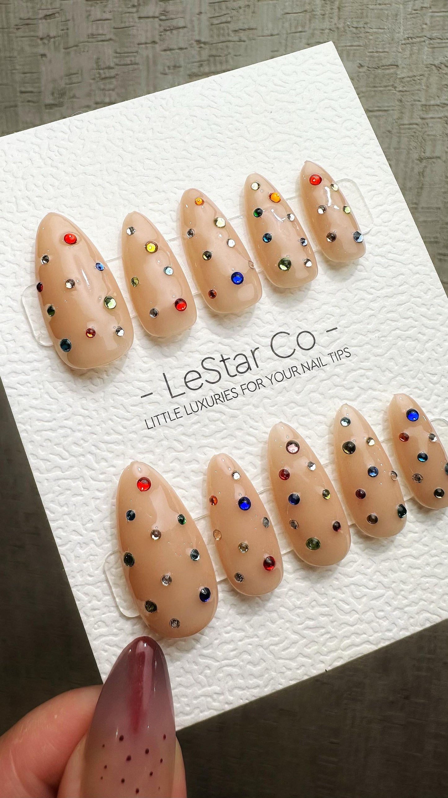 Reusable Rainbow Crystal Delight | Nails Premium Press on Nails Gel Manicure Hand Painted Pressons Handmade | Lestarco faux nails YR860