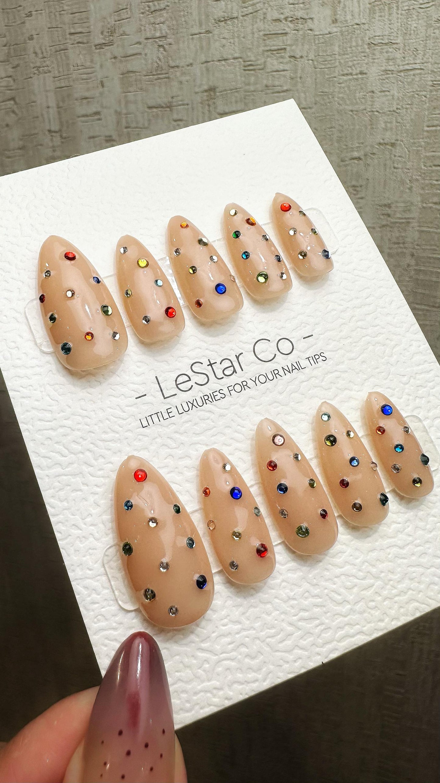 Reusable Rainbow Crystal Delight | Nails Premium Press on Nails Gel Manicure Hand Painted Pressons Handmade | Lestarco faux nails YR860