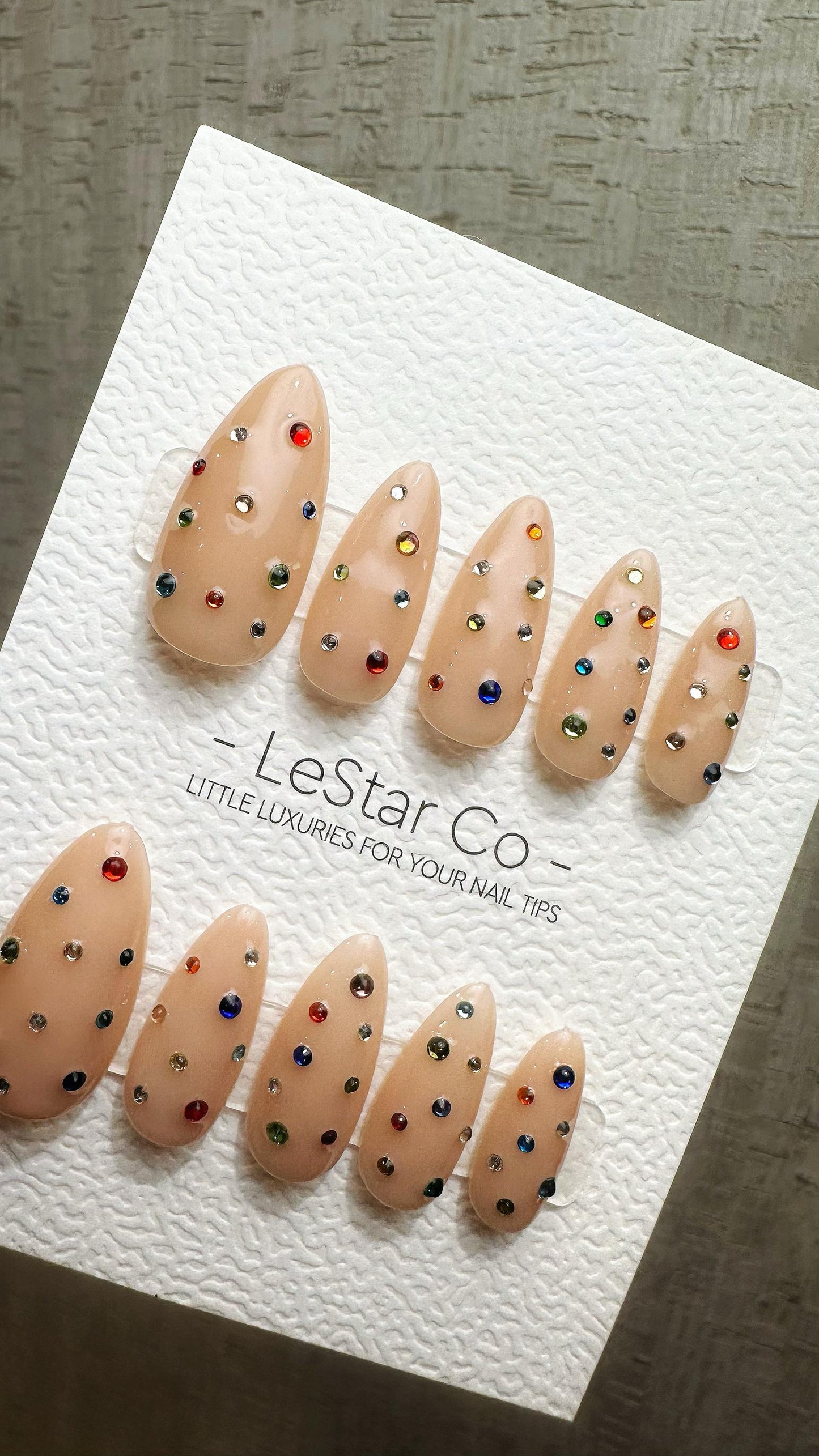 Reusable Rainbow Crystal Delight | Nails Premium Press on Nails Gel Manicure Hand Painted Pressons Handmade | Lestarco faux nails YR860