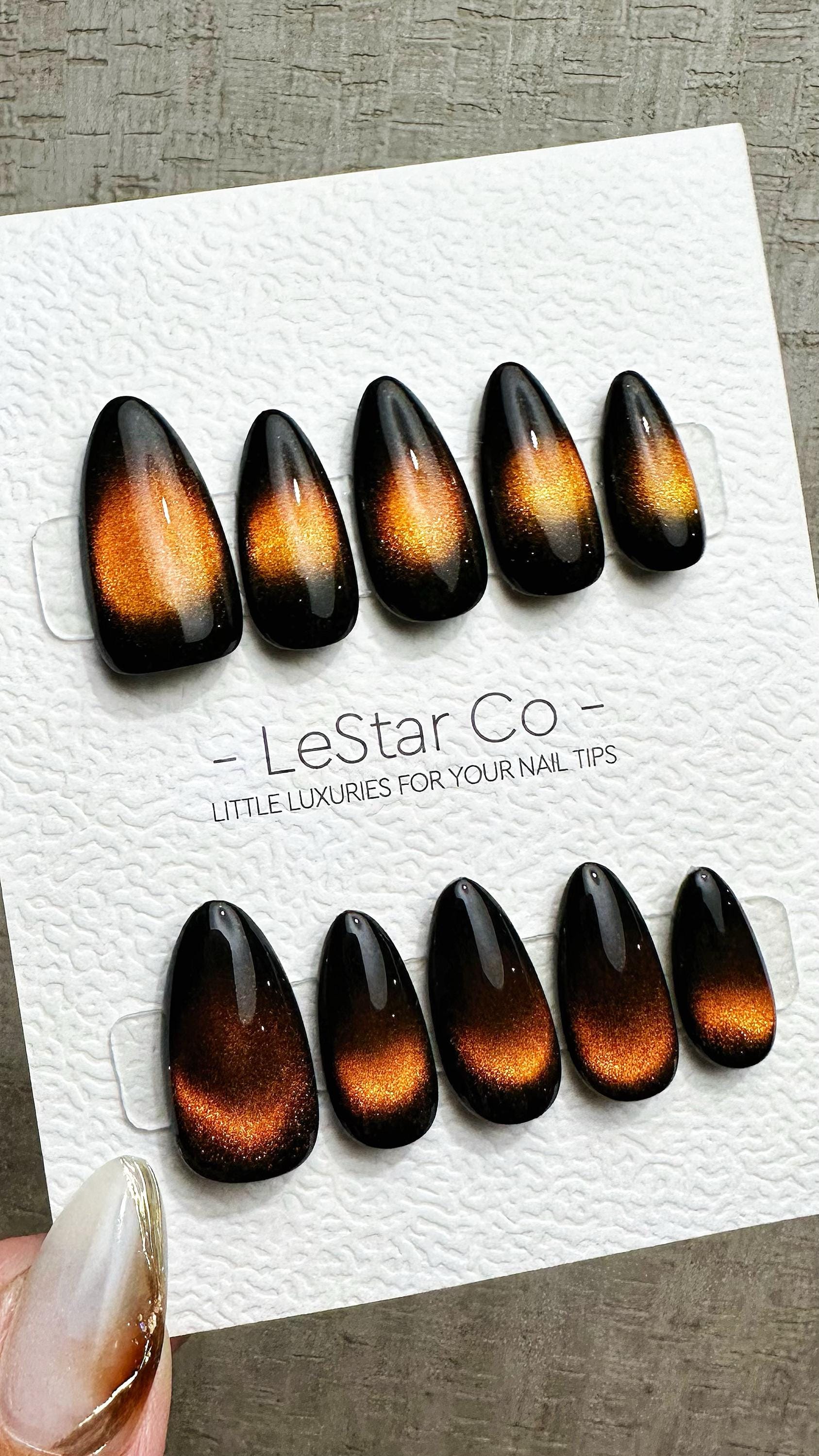 Reusable Molten Glow Orange Cat Eye Effect |Premium Presson Nails Gel Manicure Hand Painted Pressons Handmade | Lestarco faux nails ML898