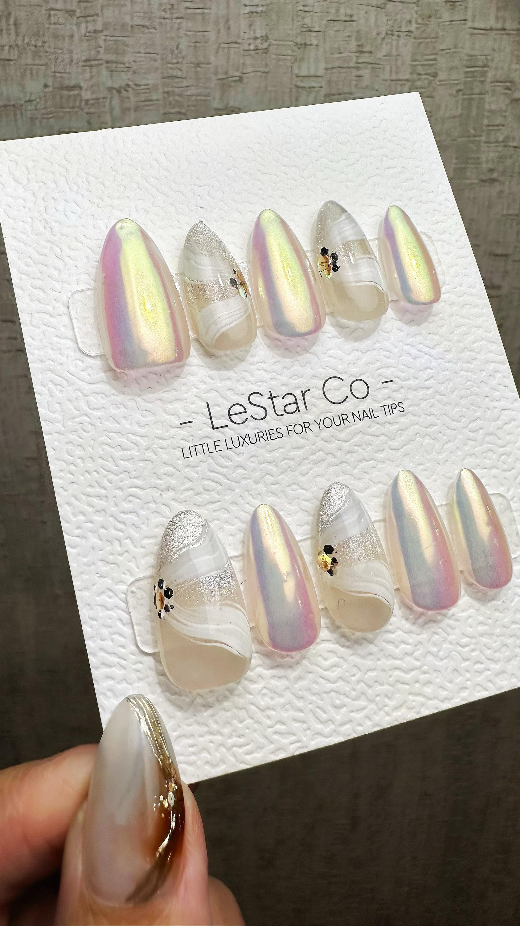 Reusable Iridescent Ribbon | Premium Press on Nails Gel Hand Painted Pressons Customizable Gel Nail False faux Nails ML903