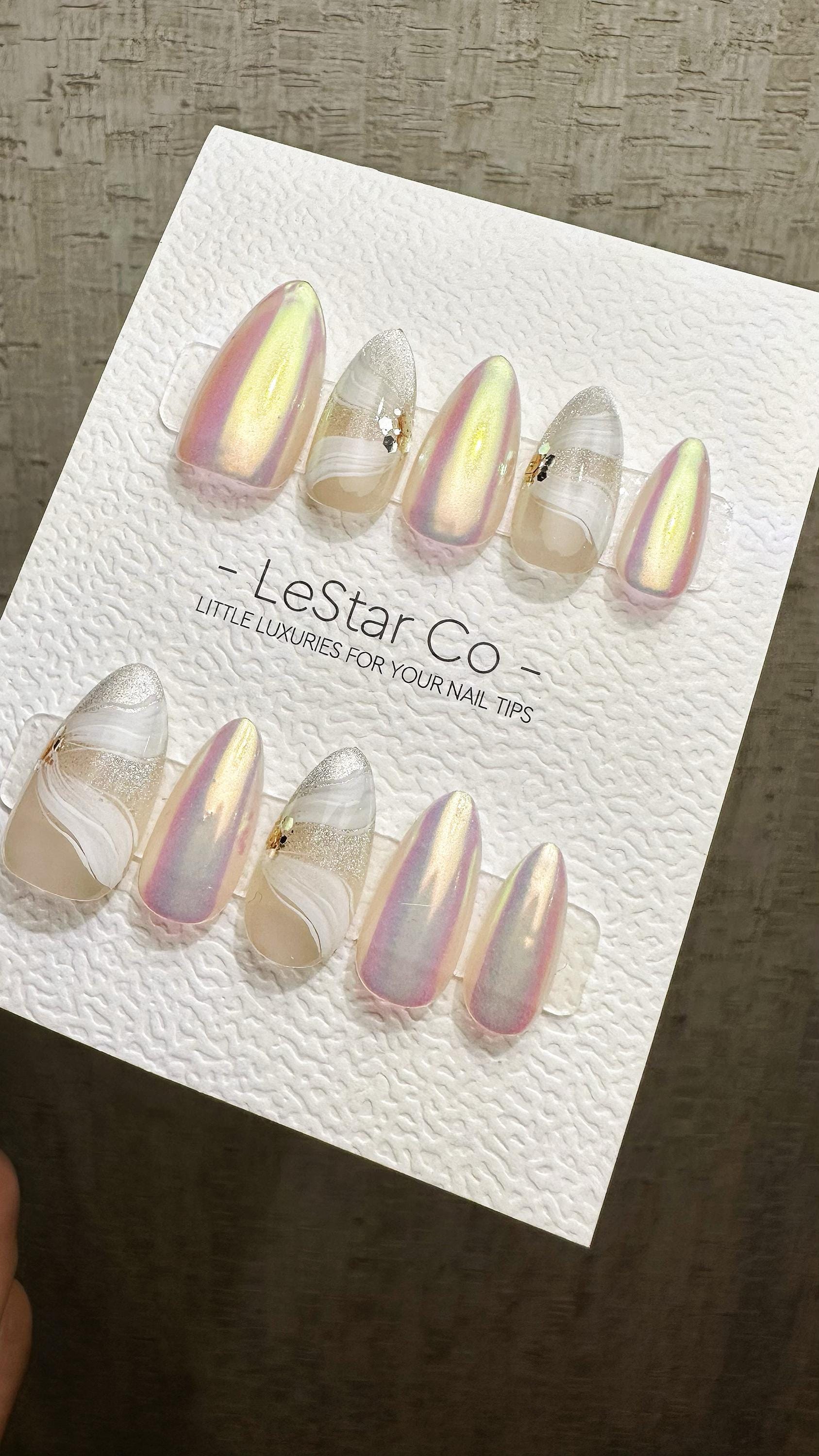 Reusable Iridescent Ribbon | Premium Press on Nails Gel Hand Painted Pressons Customizable Gel Nail False faux Nails ML903