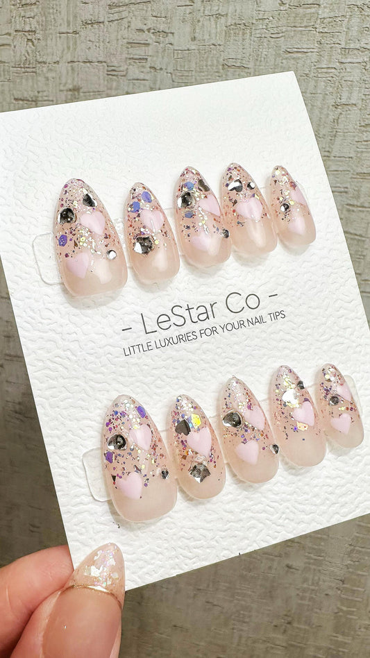 Reusable Pink Love Confetti | Premium Press on Nails Gel Hand Painted Pressons Customizable Gel Nail Artist faux nails ML906