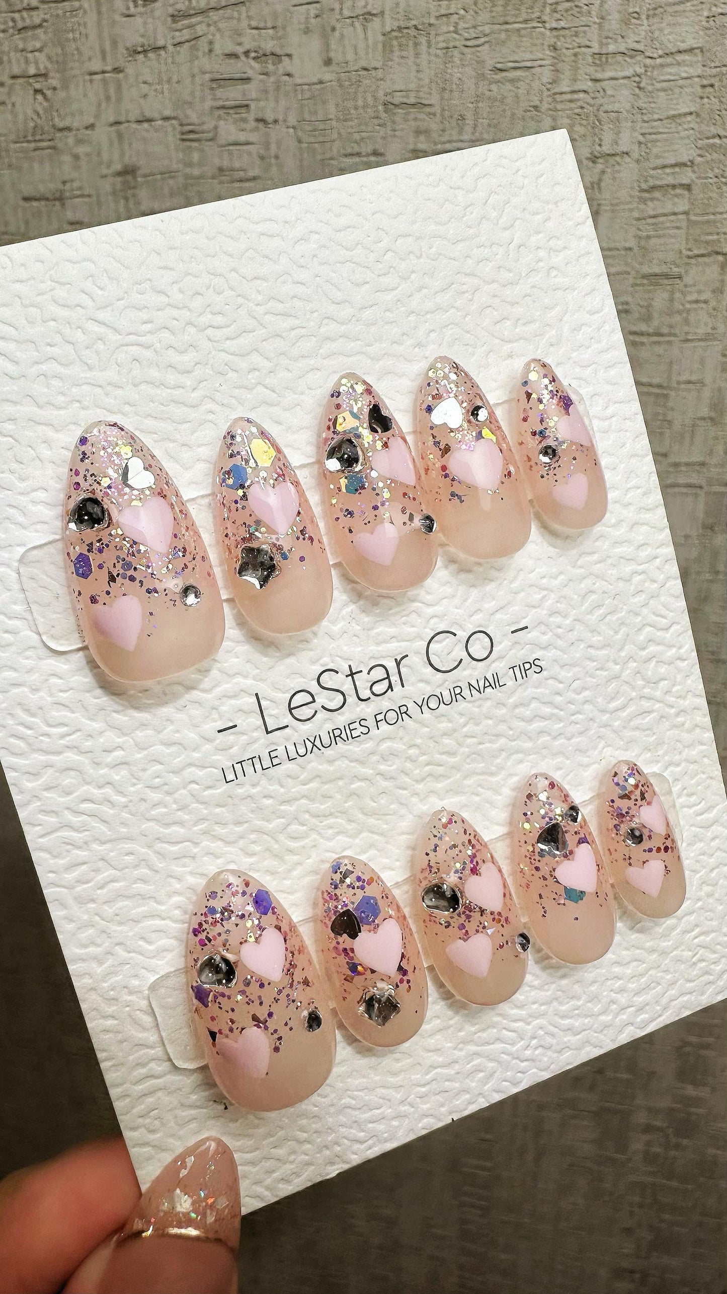 Reusable Pink Love Confetti | Premium Press on Nails Gel Hand Painted Pressons Customizable Gel Nail Artist faux nails ML906