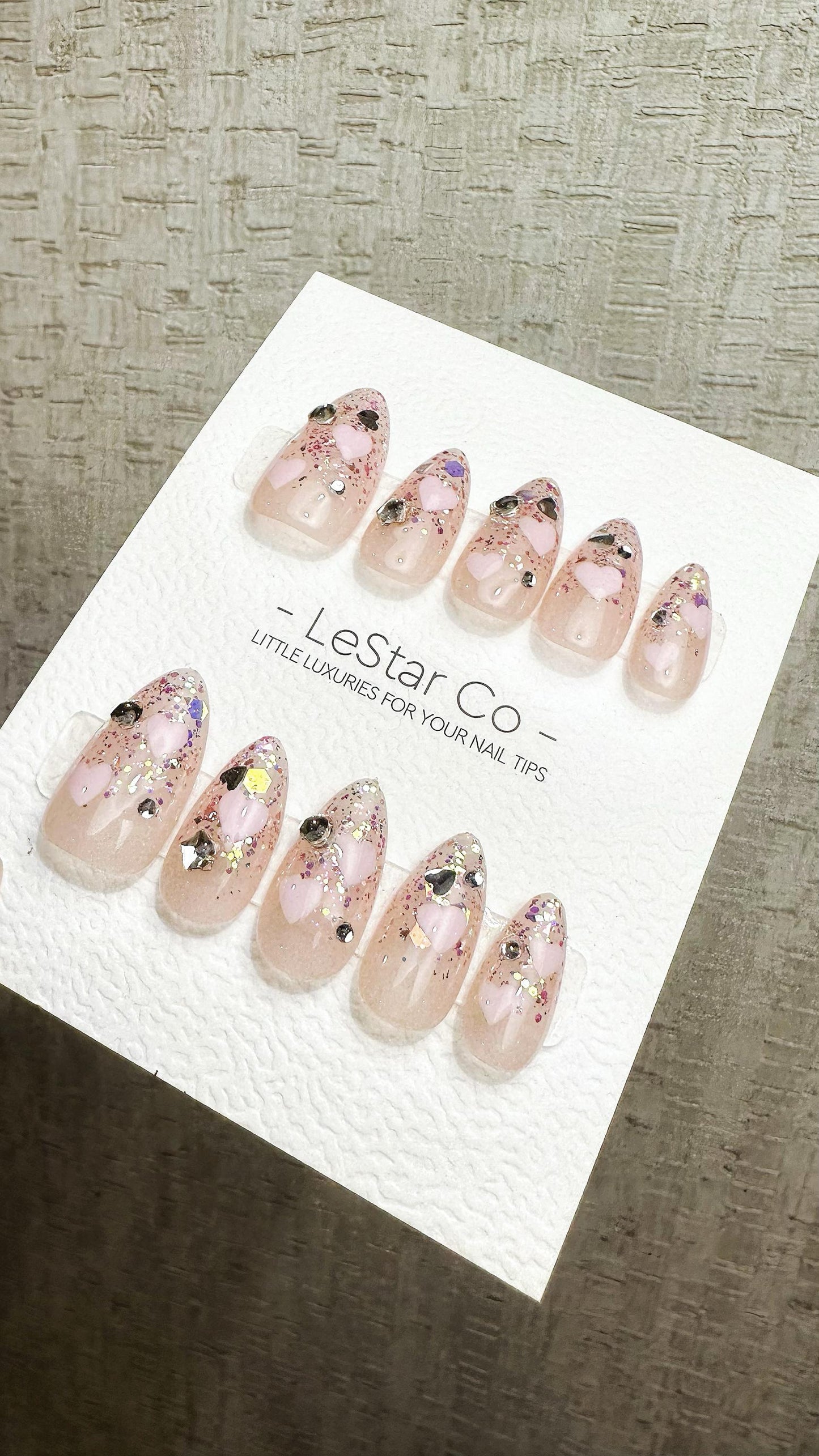 Reusable Pink Love Confetti | Premium Press on Nails Gel Hand Painted Pressons Customizable Gel Nail Artist faux nails ML906