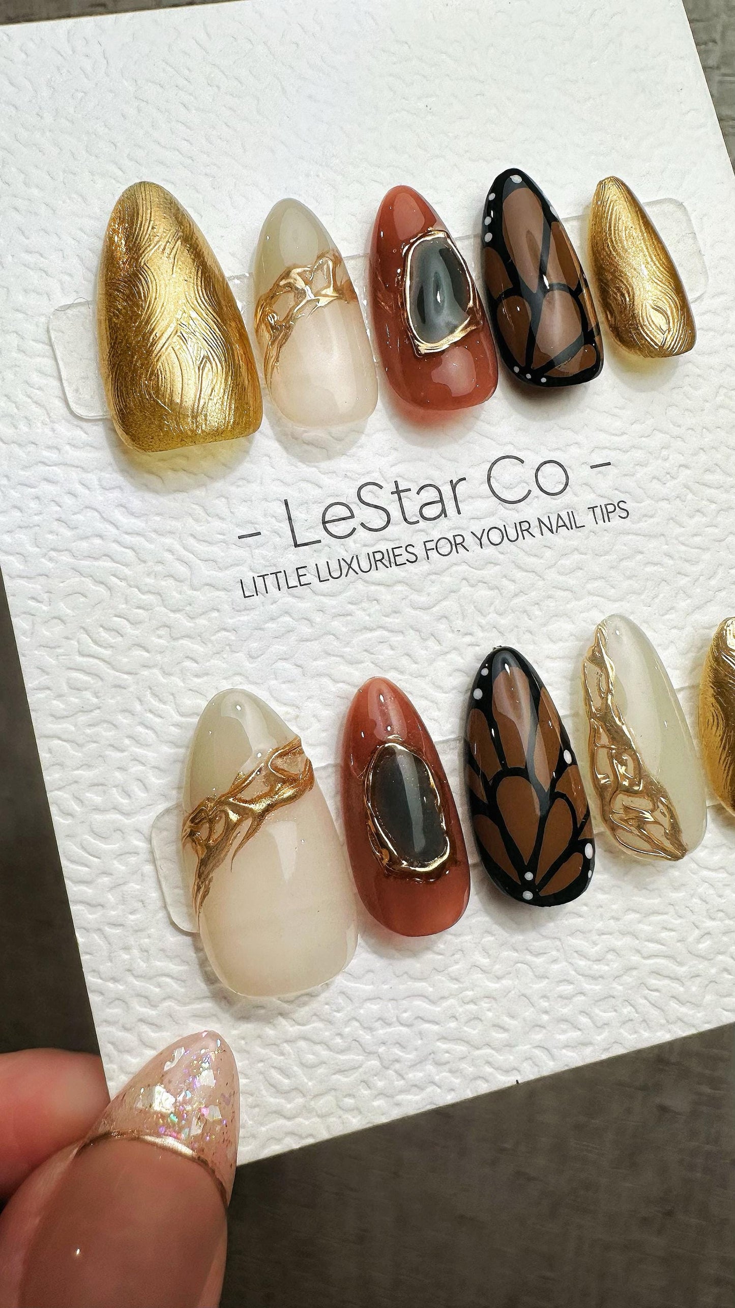 Reusable Golden Autumm Butterfly | Premium Handmade Press on Nails Gel | Fake Nails | Cute Fun Colorful Gel Nail Artist faux nails ML909