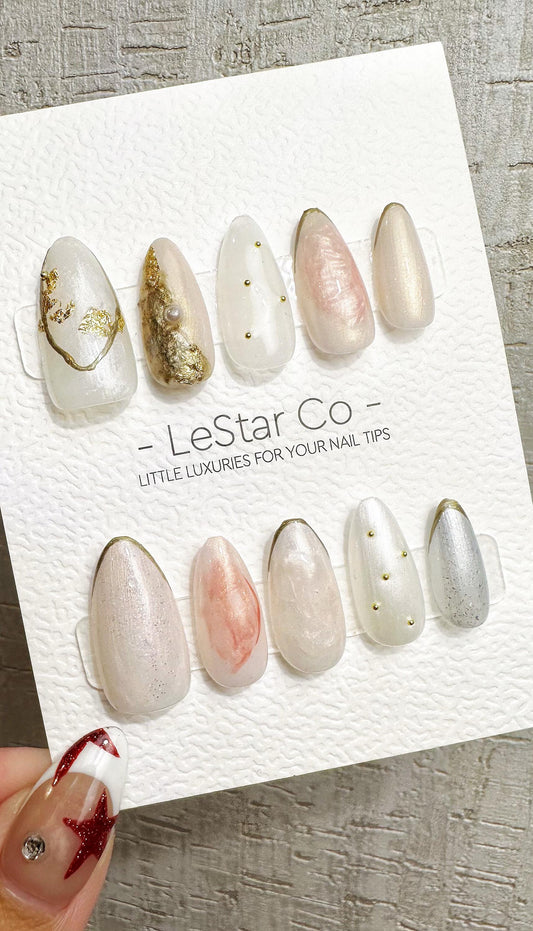 Reusable Pearl Whisper | Premium Press on Nails Gel Hand Painted Pressons Customizable Gel Nail Artist faux nails BB873