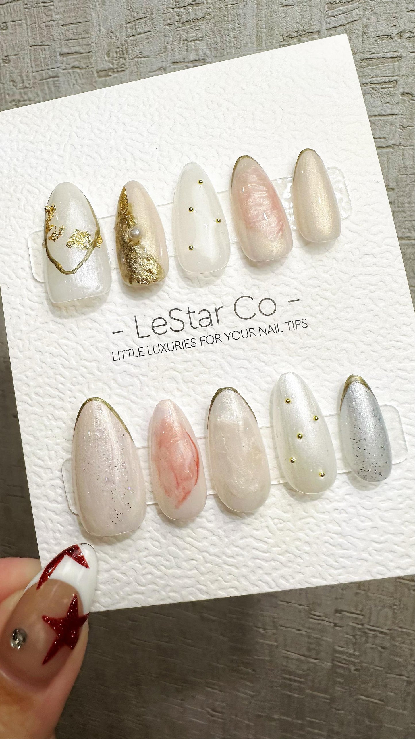 Reusable Pearl Whisper | Premium Press on Nails Gel Hand Painted Pressons Customizable Gel Nail Artist faux nails BB873