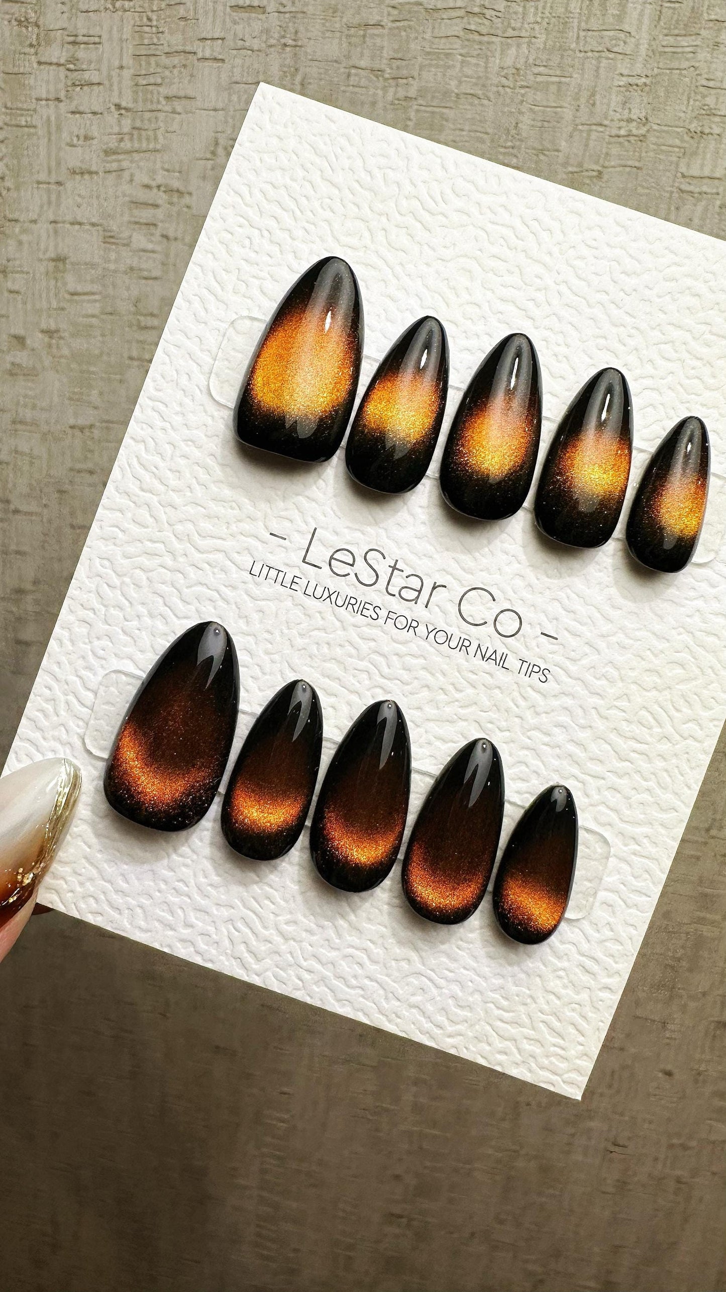 Reusable Molten Glow Orange Cat Eye Effect |Premium Presson Nails Gel Manicure Hand Painted Pressons Handmade | Lestarco faux nails ML898