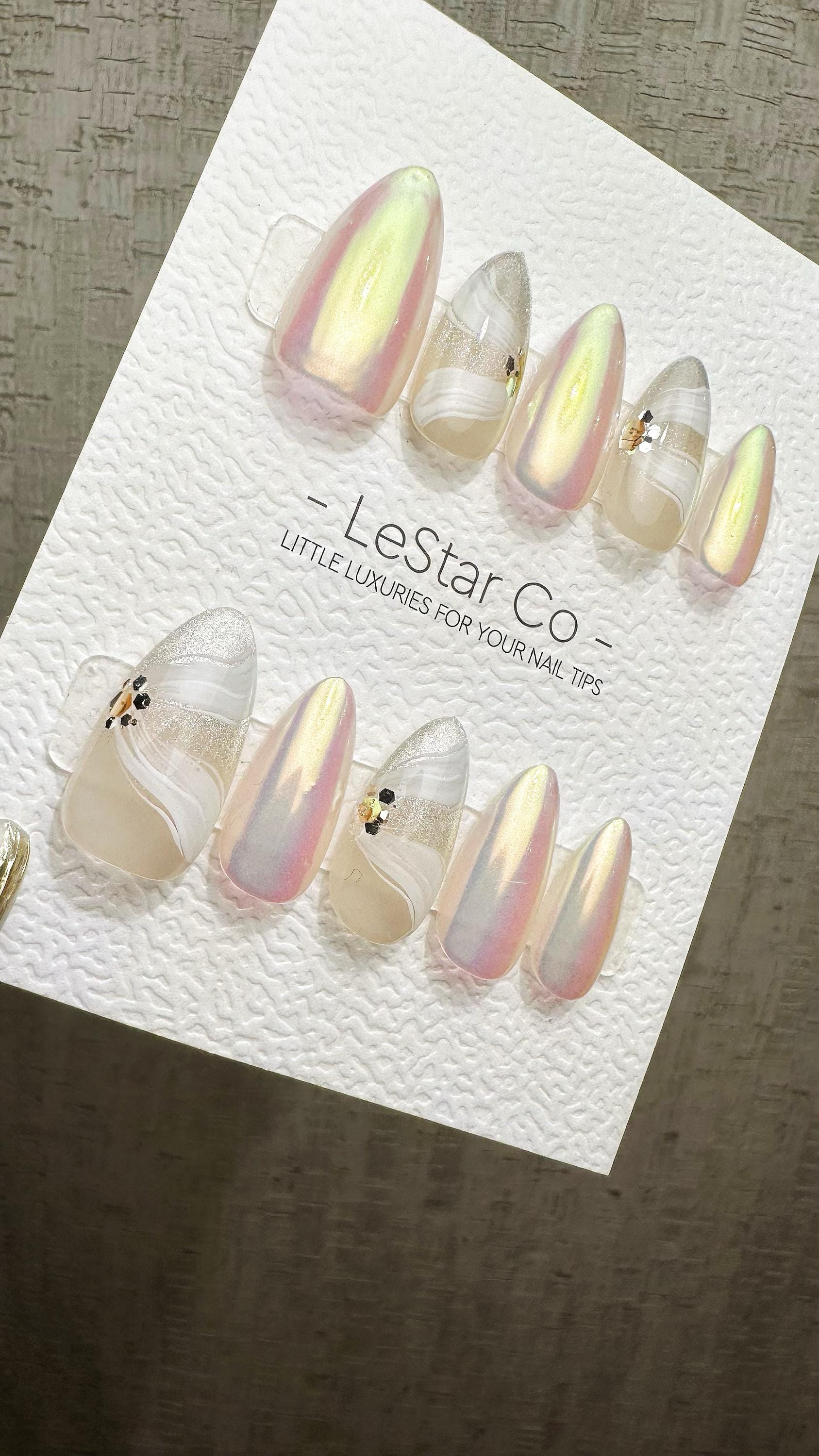 Reusable Iridescent Ribbon | Premium Press on Nails Gel Hand Painted Pressons Customizable Gel Nail False faux Nails ML903