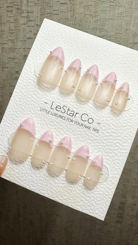 Reusable Baby Pink French Tip with Pearl | Premium Press on Nails Gel | Fake Nails | Cute Fun Colorful Gel Nail Artist faux nails ML905