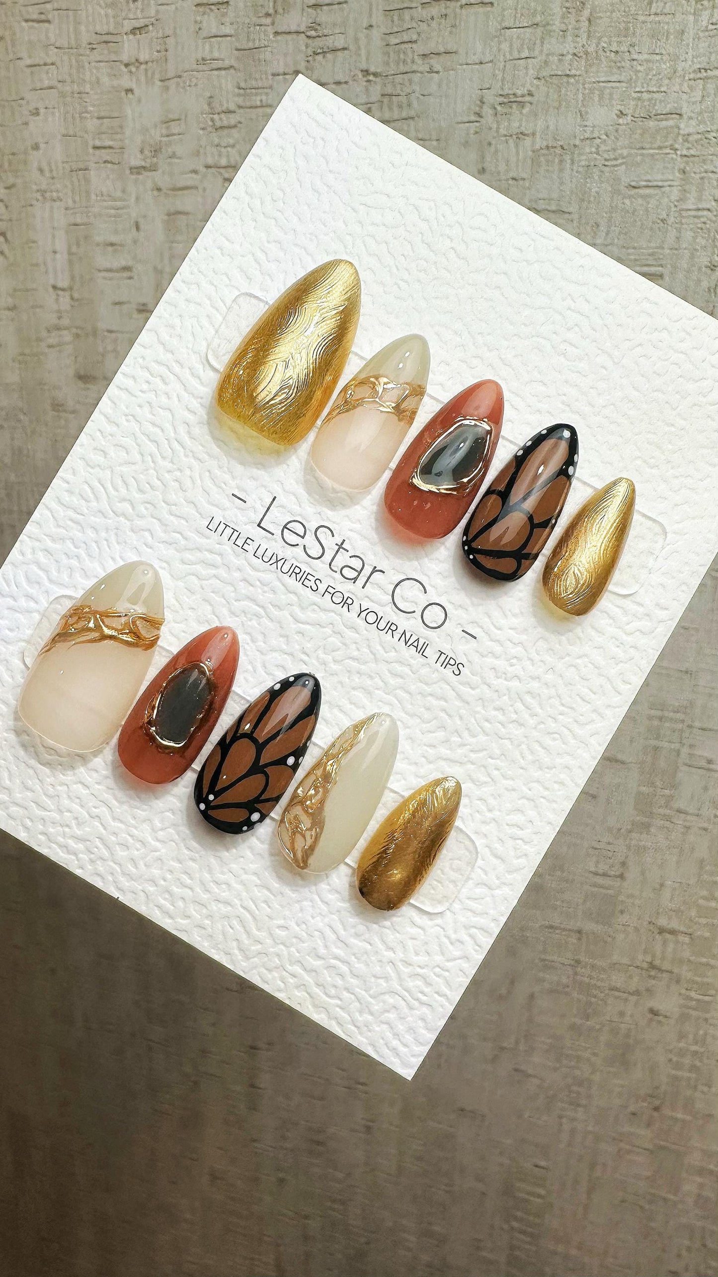 Reusable Golden Autumm Butterfly | Premium Handmade Press on Nails Gel | Fake Nails | Cute Fun Colorful Gel Nail Artist faux nails ML909