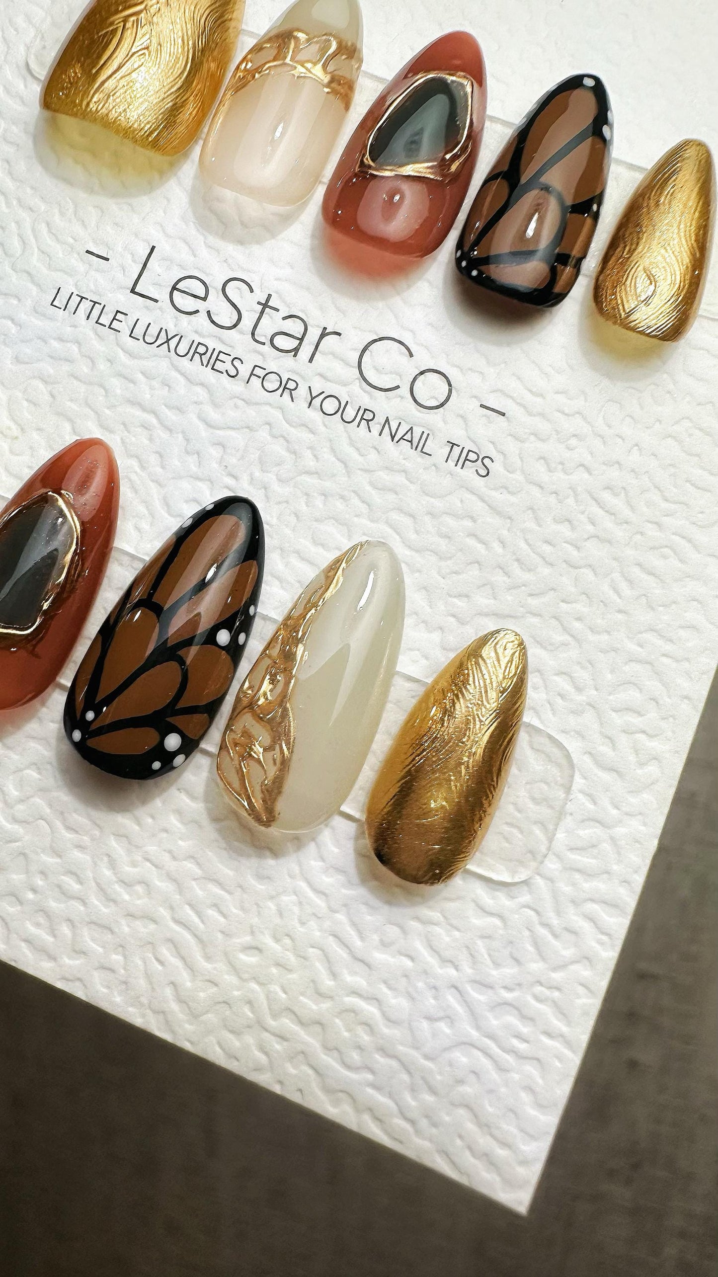 Reusable Golden Autumm Butterfly | Premium Handmade Press on Nails Gel | Fake Nails | Cute Fun Colorful Gel Nail Artist faux nails ML909