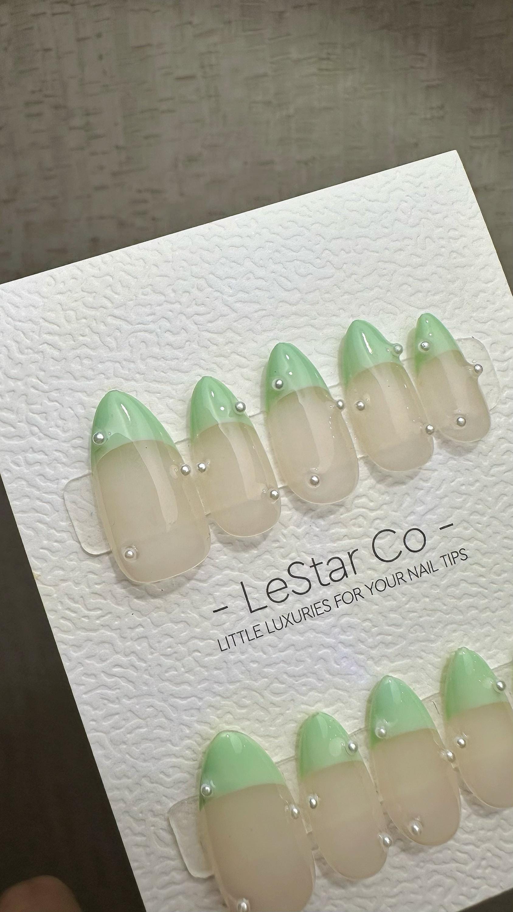 Reusable Chic Minimalist Mint French Tip with pearl | Press on Nails Gel | Fake Nails | Handmade Pressons faux nails ML913