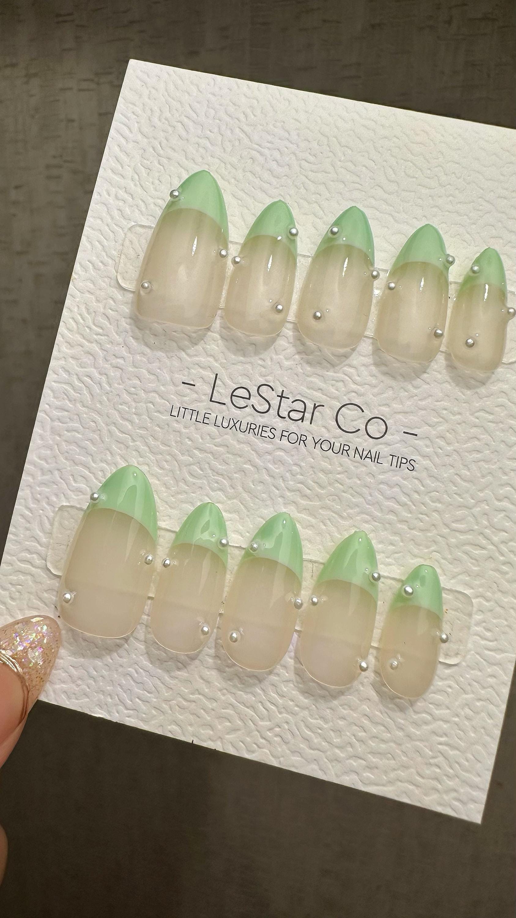 Reusable Chic Minimalist Mint French Tip with pearl | Press on Nails Gel | Fake Nails | Handmade Pressons faux nails ML913