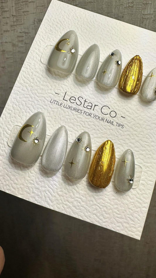 Reusable Golden Eclipse| Nails Premium Press on Nails Gel Manicure | Fake Nails | Handmade | faux nails ML925
