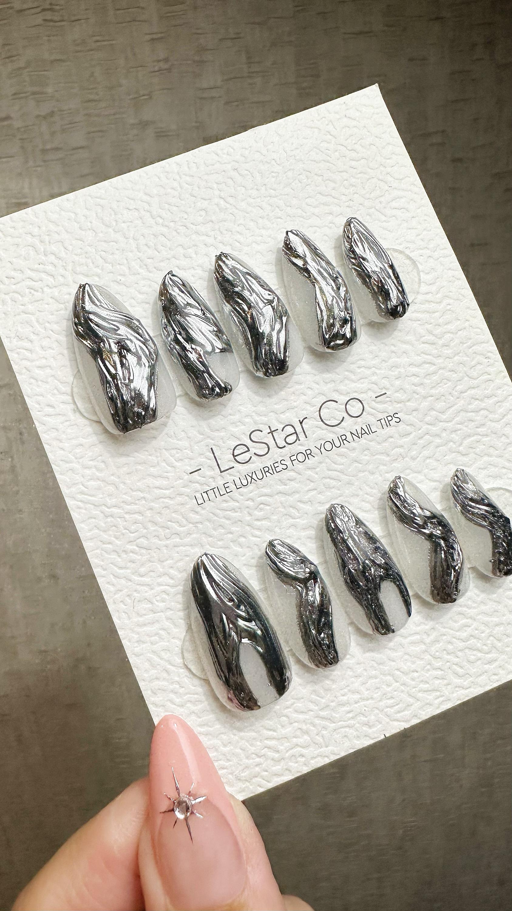 Reusable Liquid Metal Waves | Premium Press on Nails Gel Hand Painted Pressons Customizable Gel Nail Artist faux nails ML928