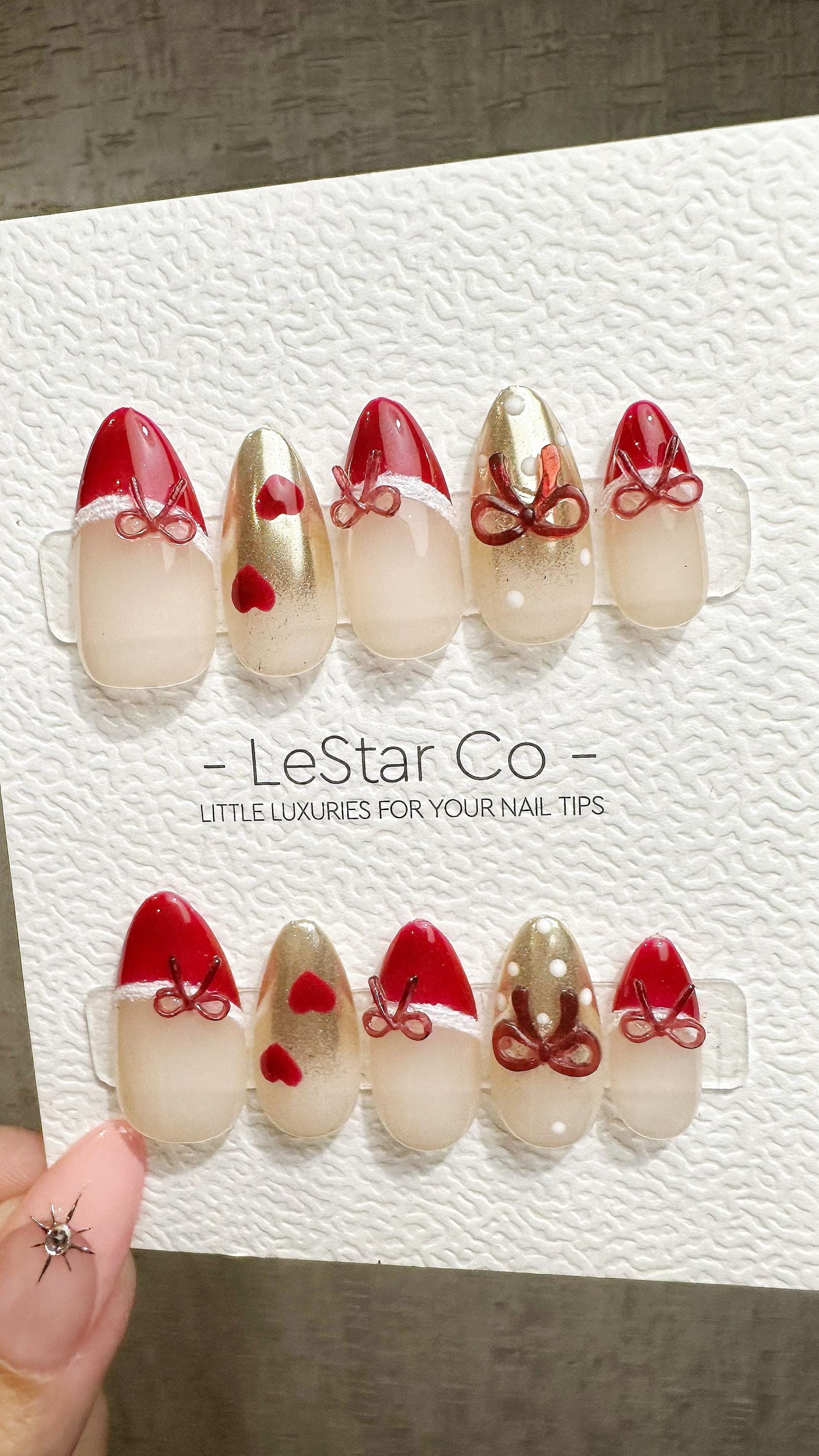 Reusable Ruby Ribbon French Tip| Premium Press on Nails Gel | Fake Nails | Cute Fun Colorful Gel Nail Artist faux nails ML930