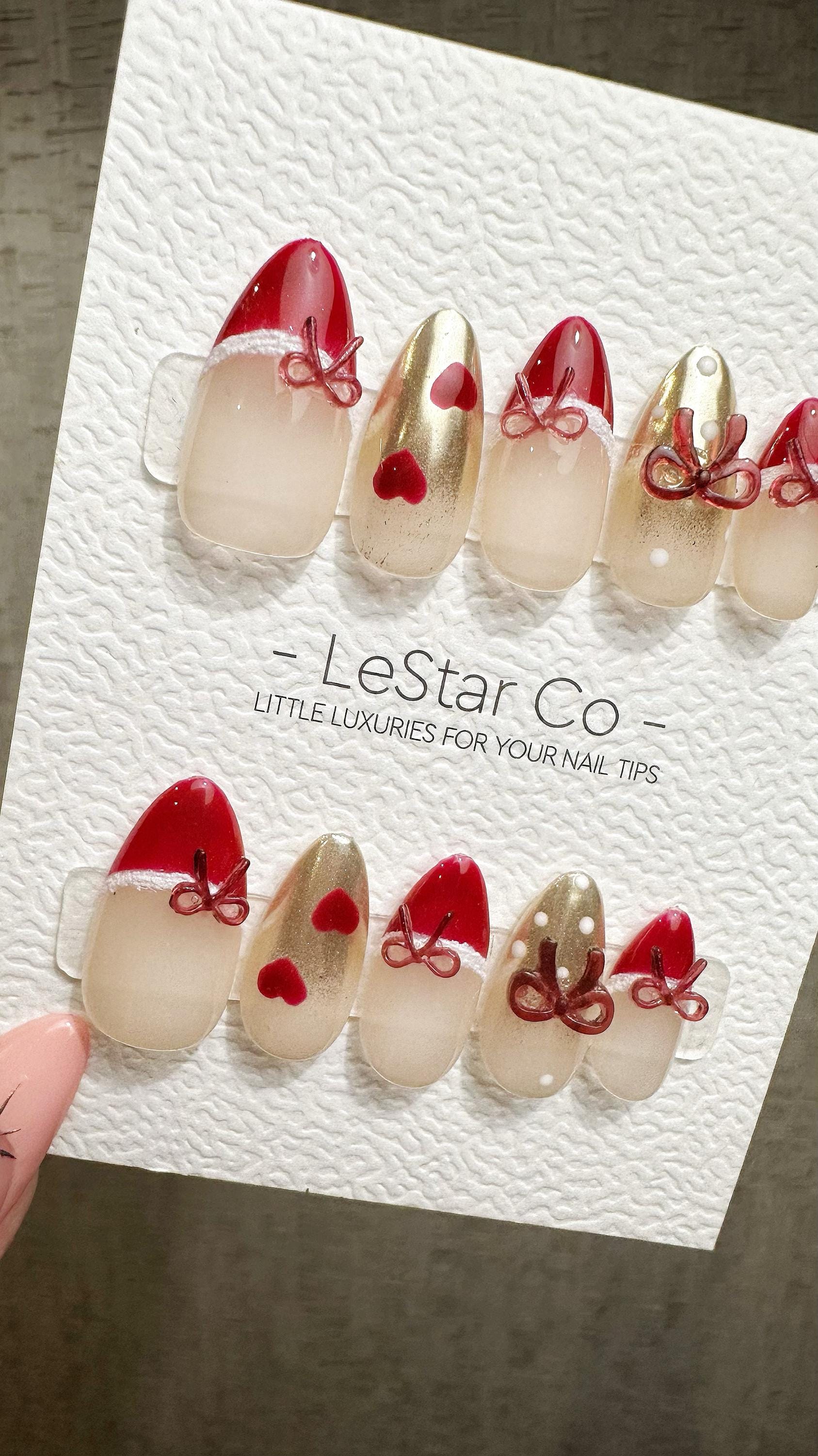 Reusable Ruby Ribbon French Tip| Premium Press on Nails Gel | Fake Nails | Cute Fun Colorful Gel Nail Artist faux nails ML930