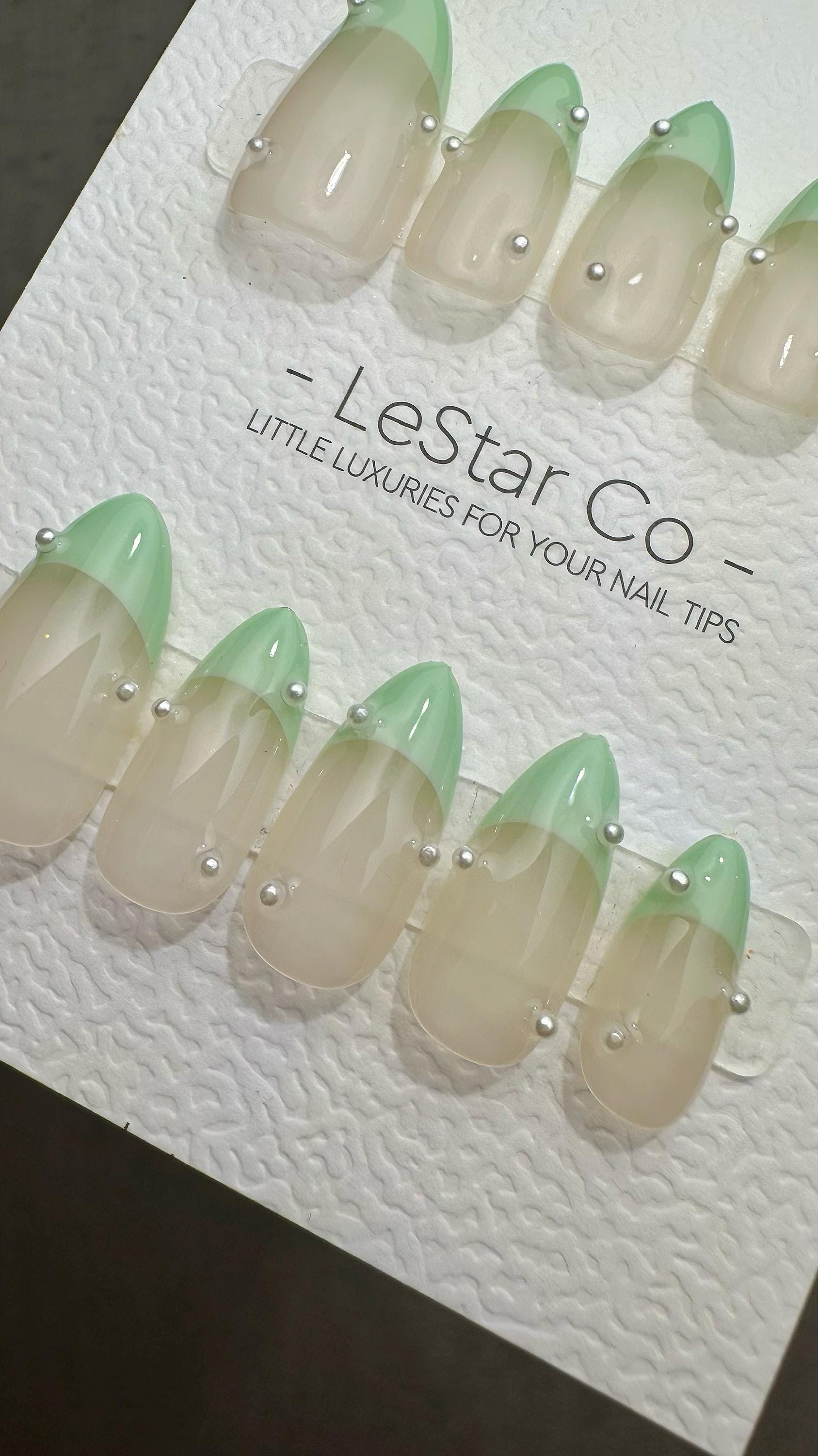 Reusable Chic Minimalist Mint French Tip with pearl | Press on Nails Gel | Fake Nails | Handmade Pressons faux nails ML913