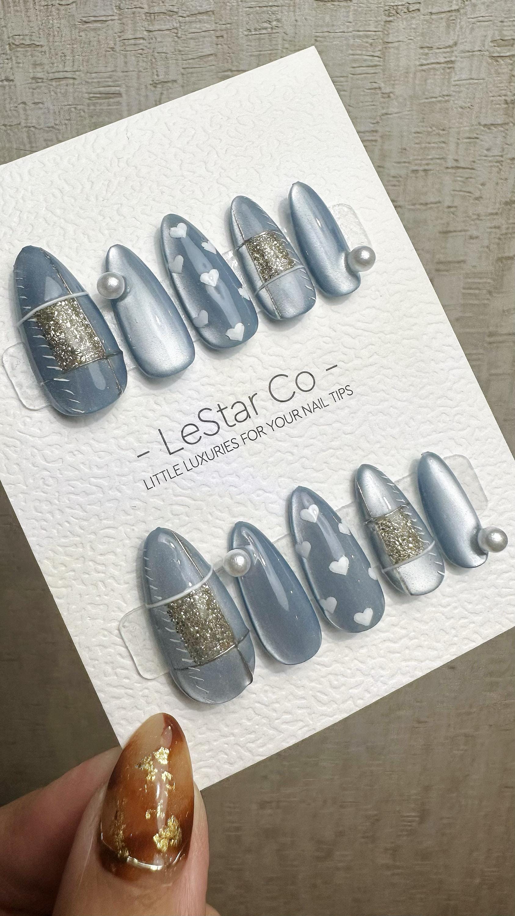 Reusable Silver Serenade Cat Eye Effect | Premium Press on Nails Gel Hand Painted Pressons Customizable Gel Nail Artist faux nails WM941