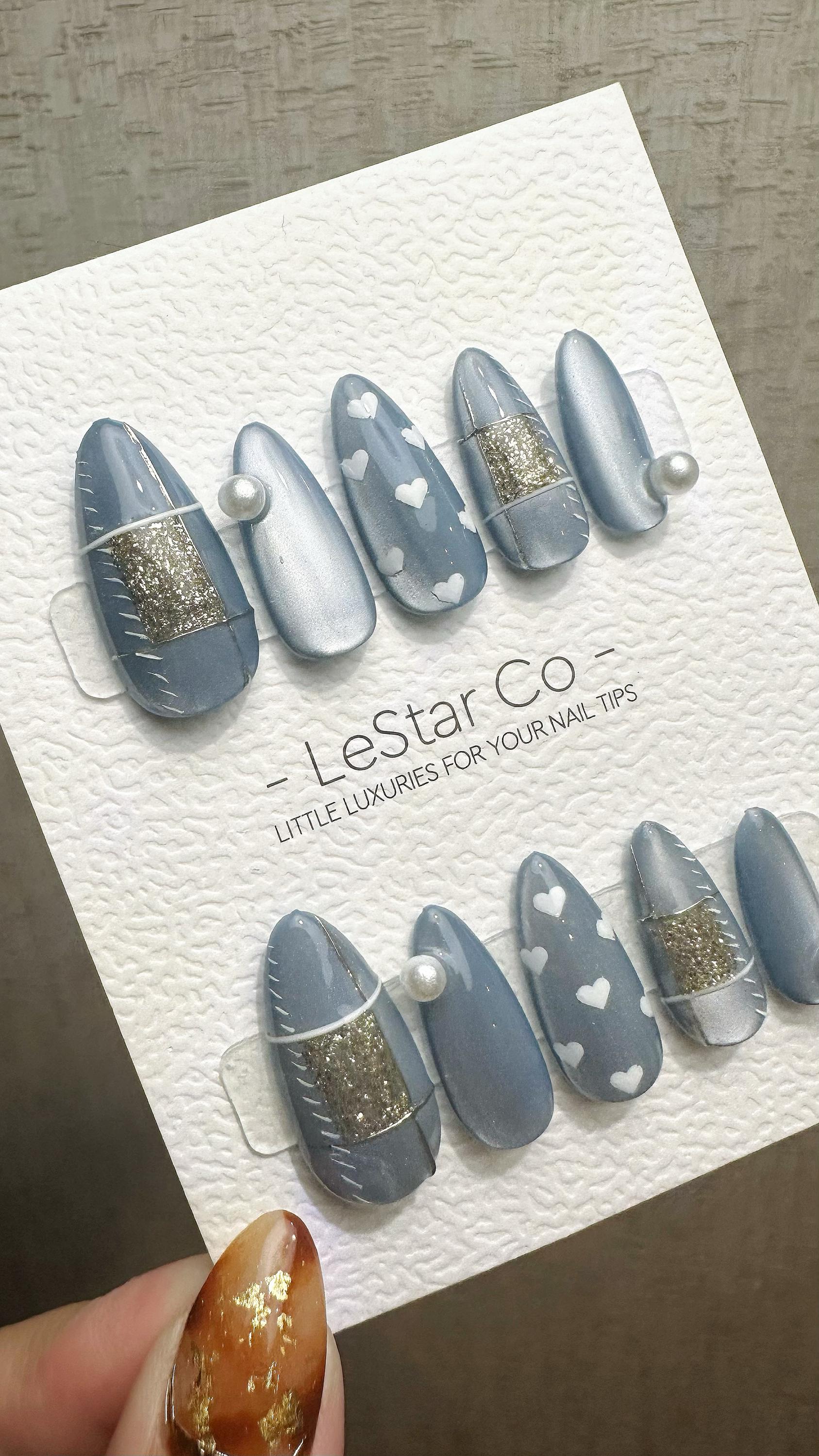 Reusable Silver Serenade Cat Eye Effect | Premium Press on Nails Gel Hand Painted Pressons Customizable Gel Nail Artist faux nails WM941