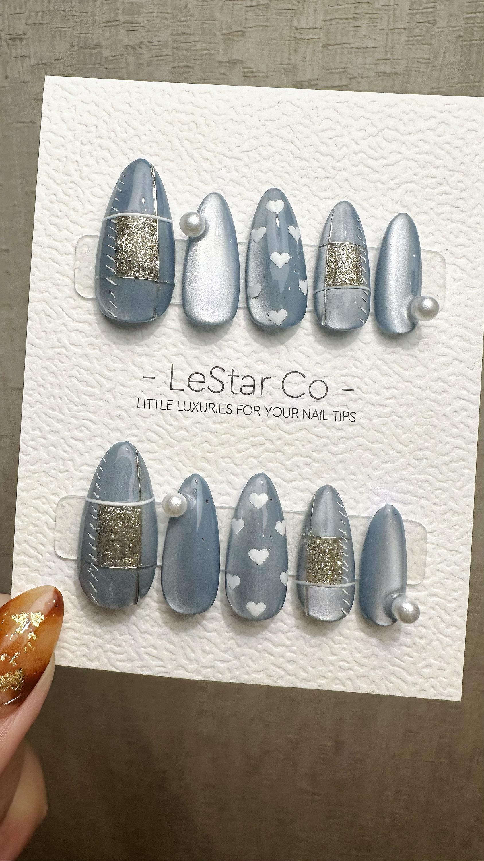 Reusable Silver Serenade Cat Eye Effect | Premium Press on Nails Gel Hand Painted Pressons Customizable Gel Nail Artist faux nails WM941