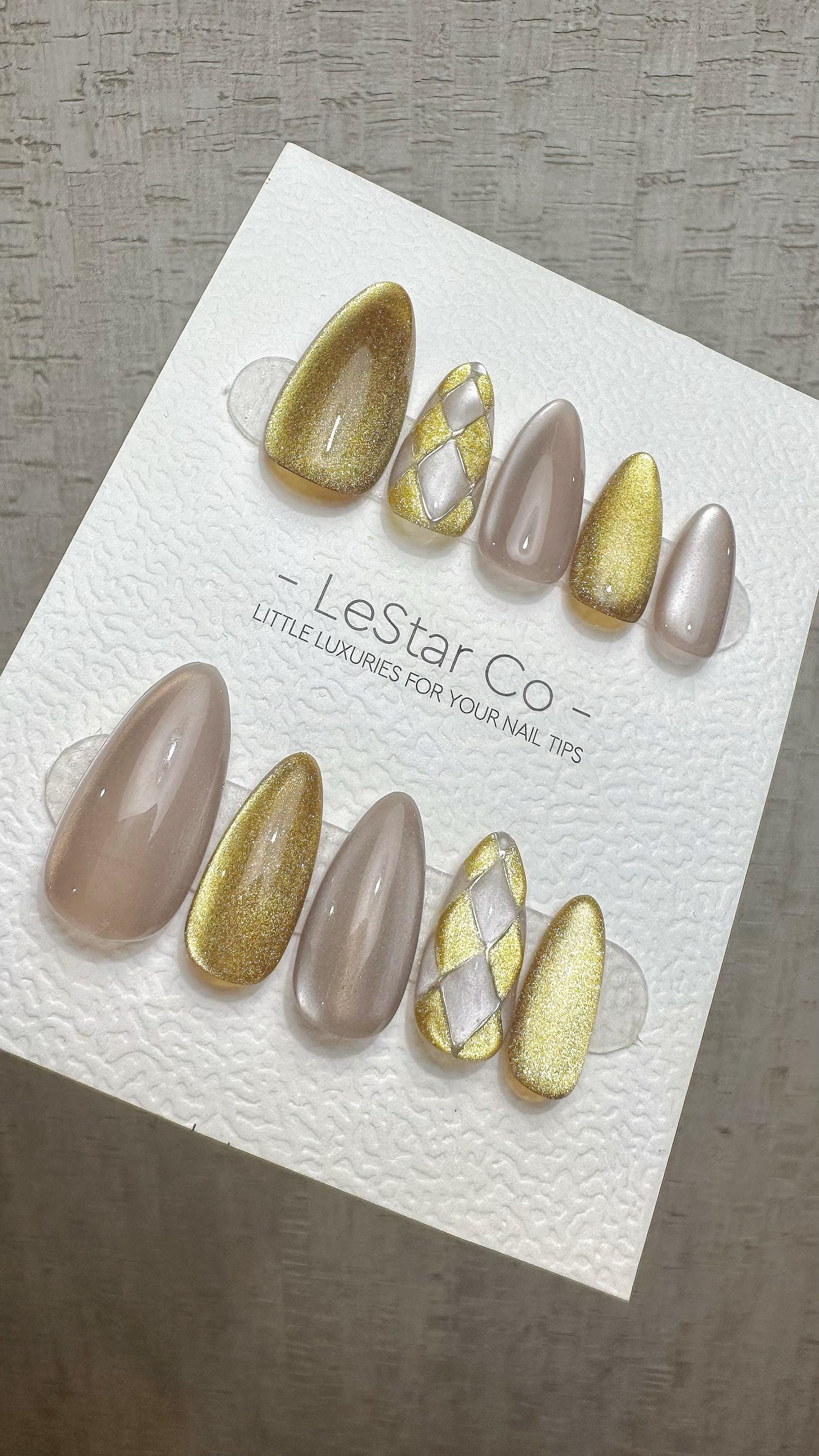 Reusable Luxe Lattice Cat Eye Effect | Premium Press on Nails Gel Hand Painted Pressons Customizable Gel Nail Artist faux nails WM942
