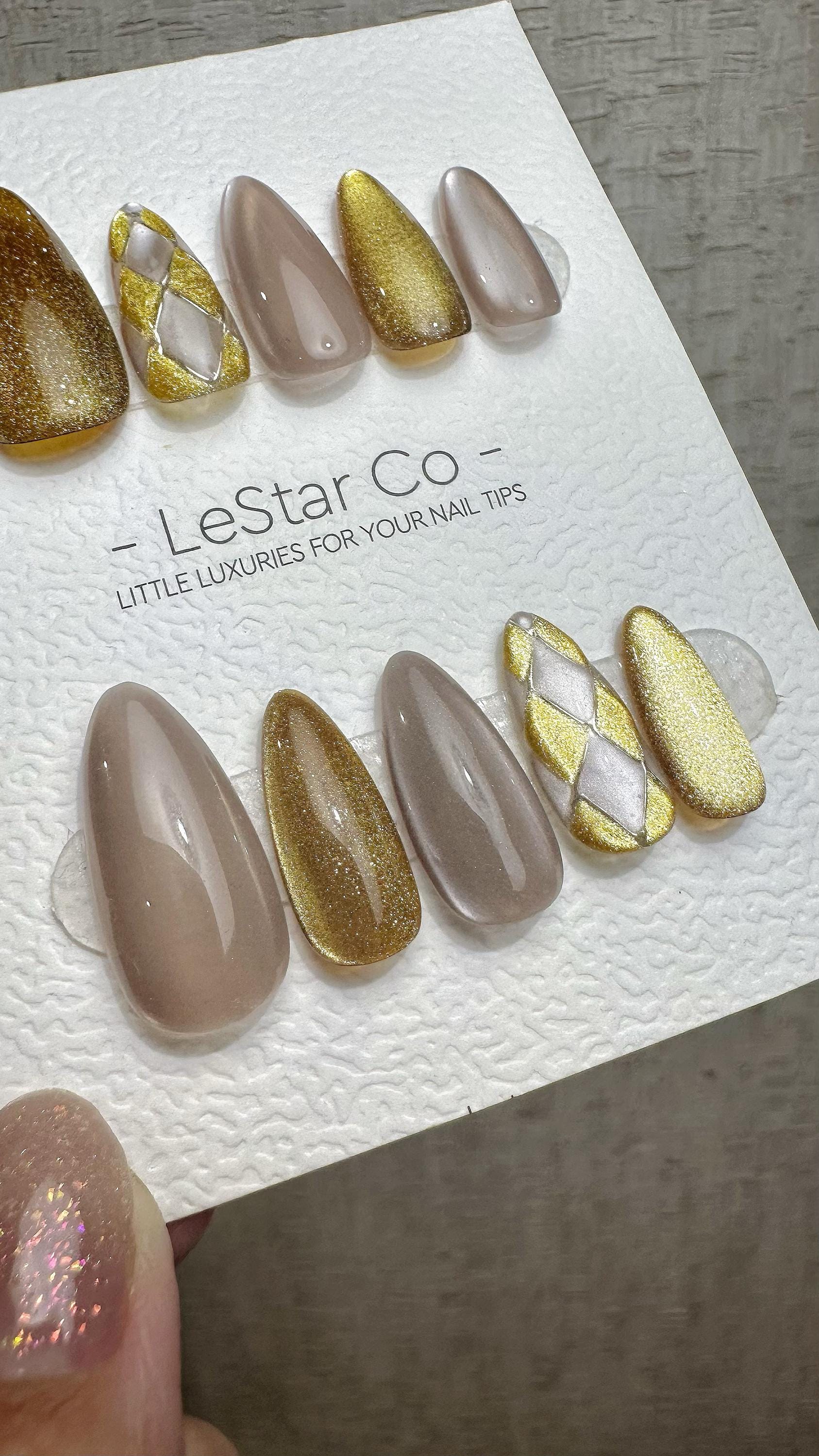 Reusable Luxe Lattice Cat Eye Effect | Premium Press on Nails Gel Hand Painted Pressons Customizable Gel Nail Artist faux nails WM942