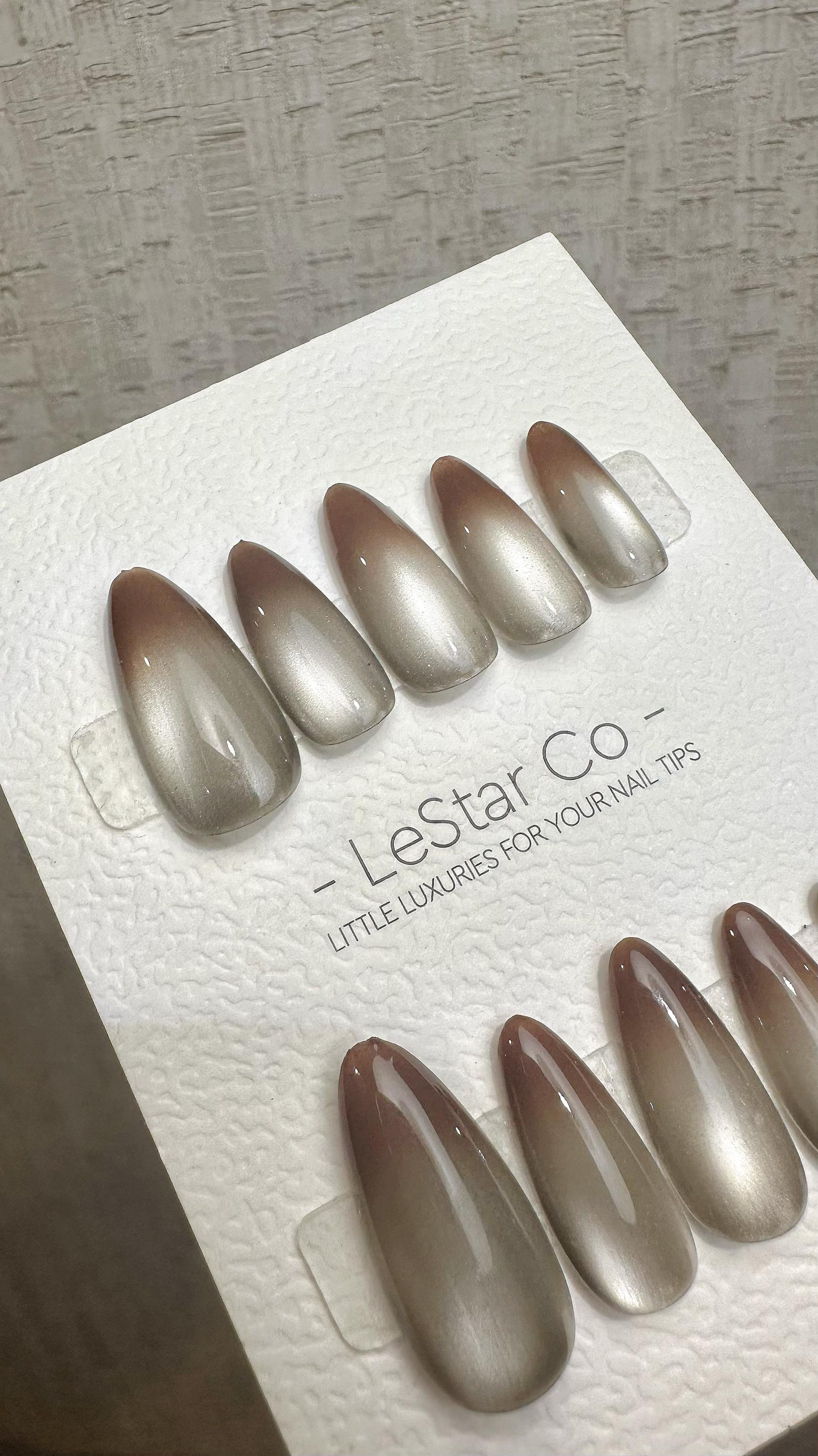 Reusable Mocha Mist Cat Eye Effect | Premium Press on Nails Gel Hand Painted Pressons Customizable Gel Nail Artist fake nails WM937