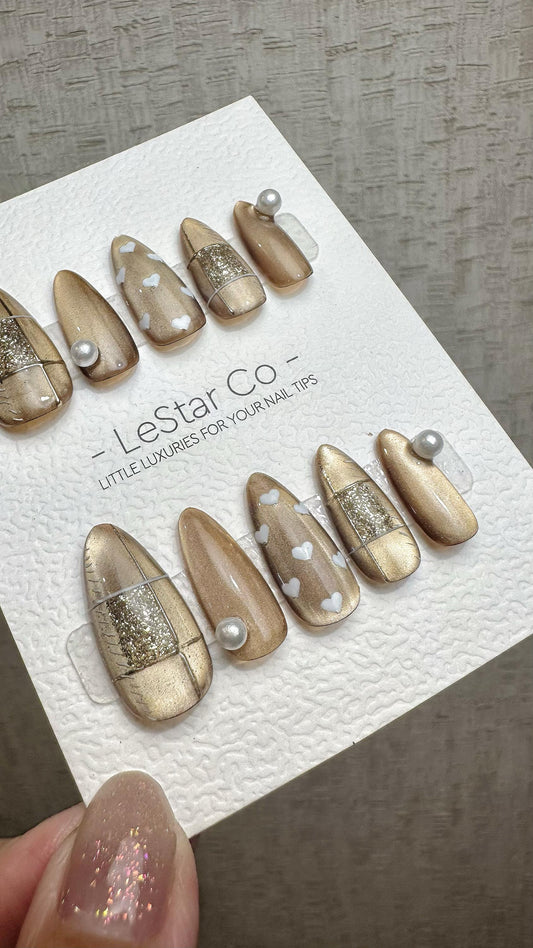 Reusable Heartfelt Gold Cat Eye Effect | Premium Press on Nails Gel Hand Painted Pressons Customizable Gel Nail Artist faux nails WM949