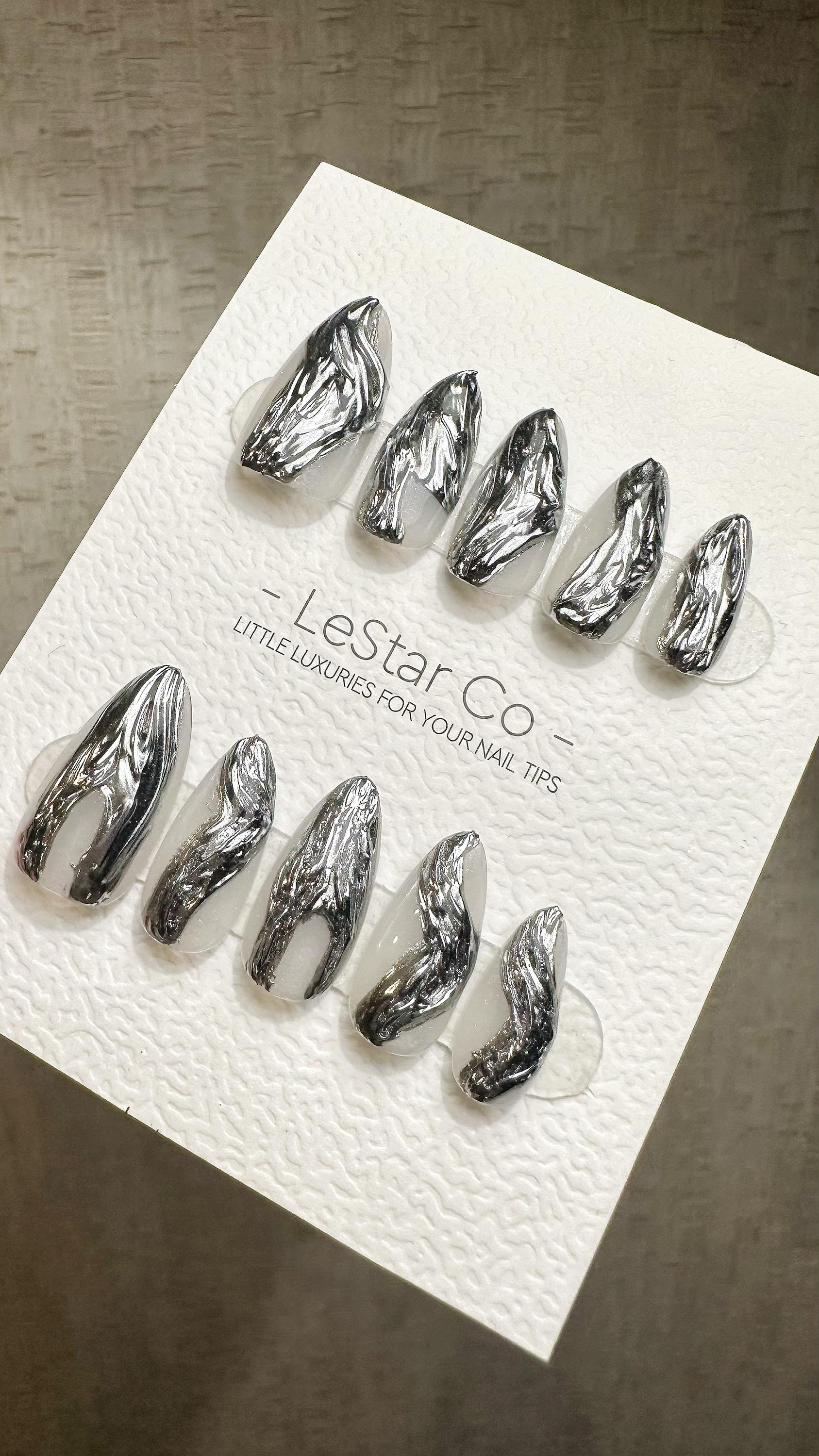 Reusable Liquid Metal Waves | Premium Press on Nails Gel Hand Painted Pressons Customizable Gel Nail Artist faux nails ML928