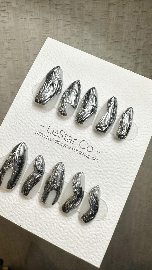 Reusable Liquid Metal Waves | Premium Press on Nails Gel Hand Painted Pressons Customizable Gel Nail Artist faux nails ML928